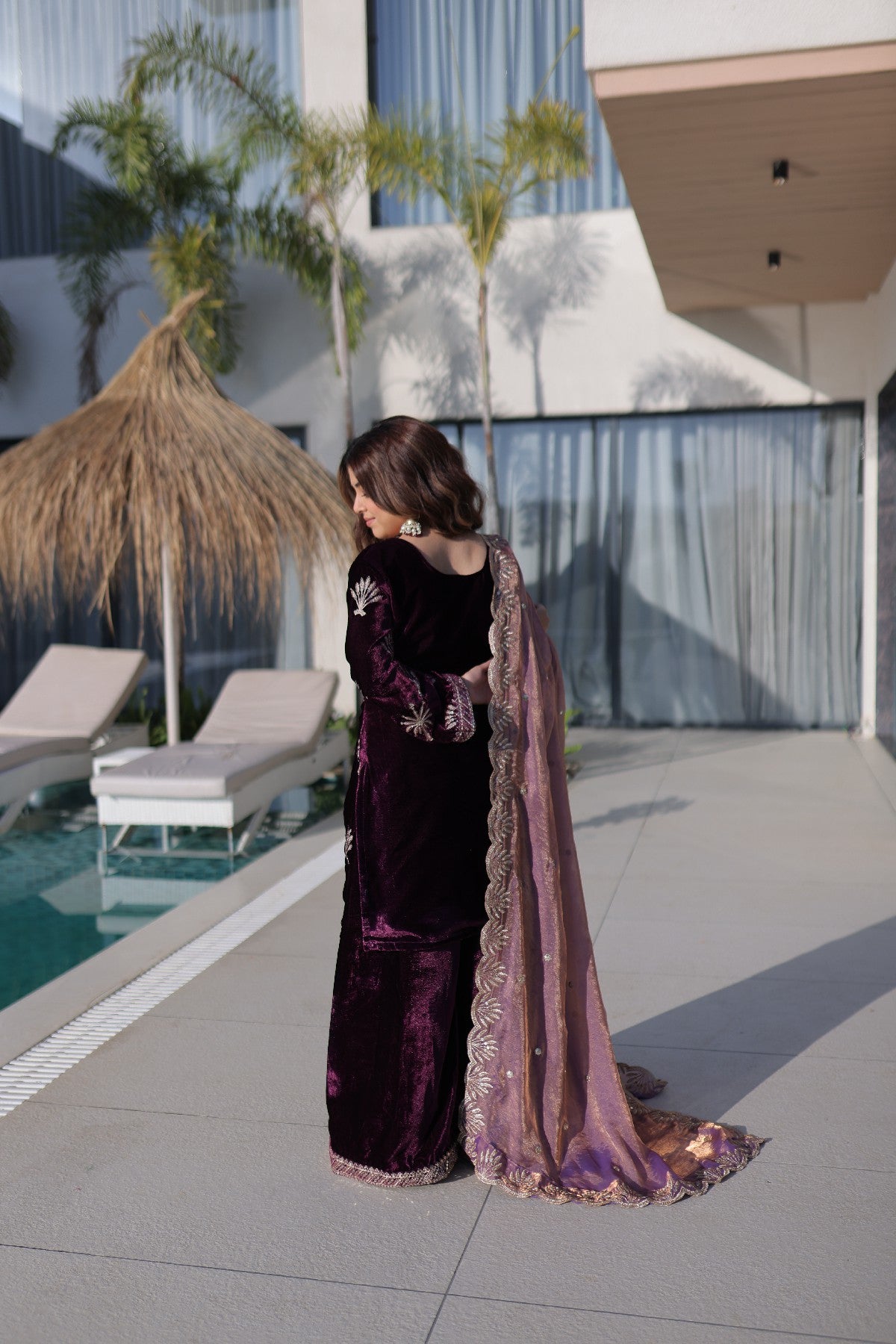 Wine Velvet Zari Embroidered Wedding Palazzo Suit for Women