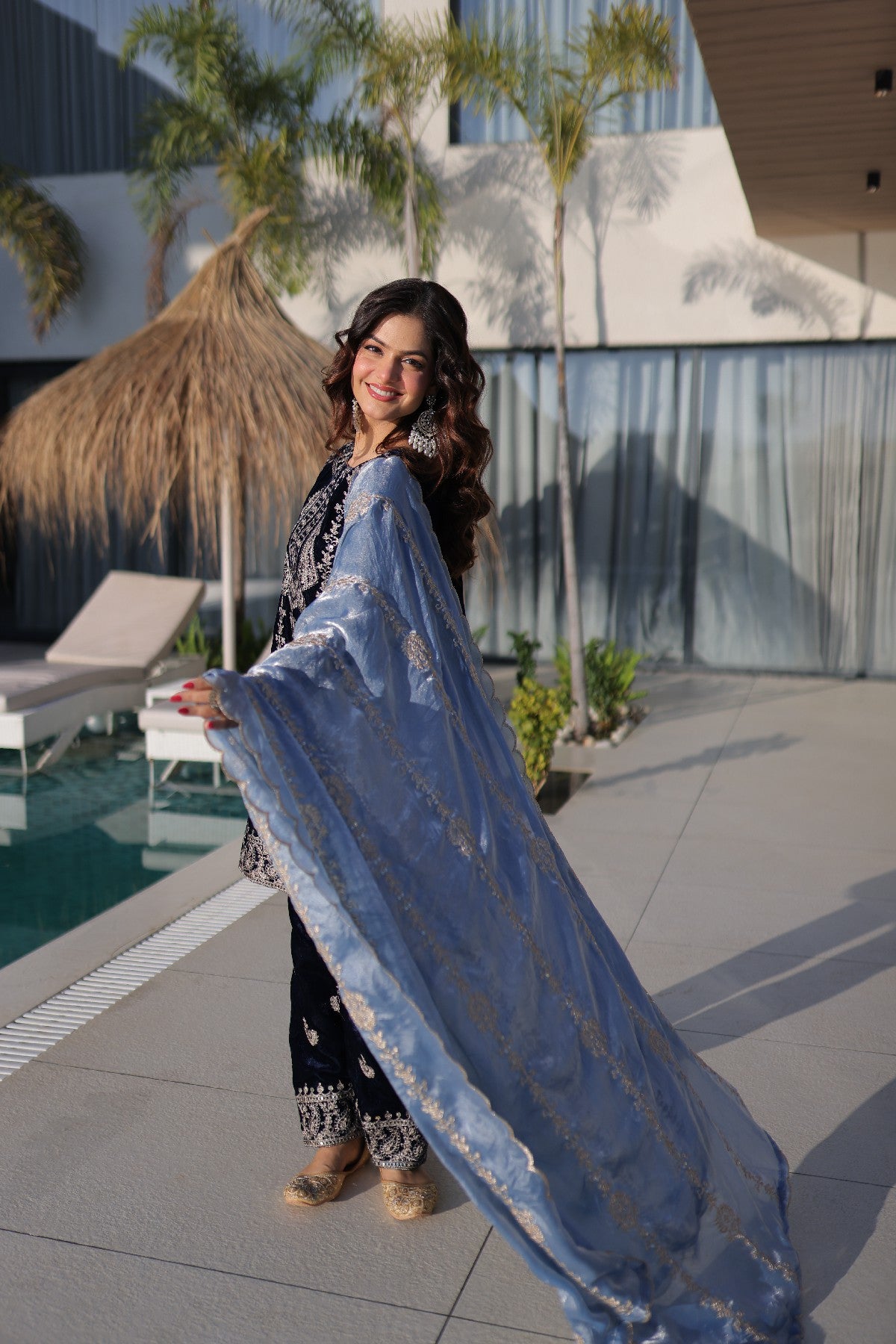Blue Velvet Zari Embroidered Festive Salwar Kameez