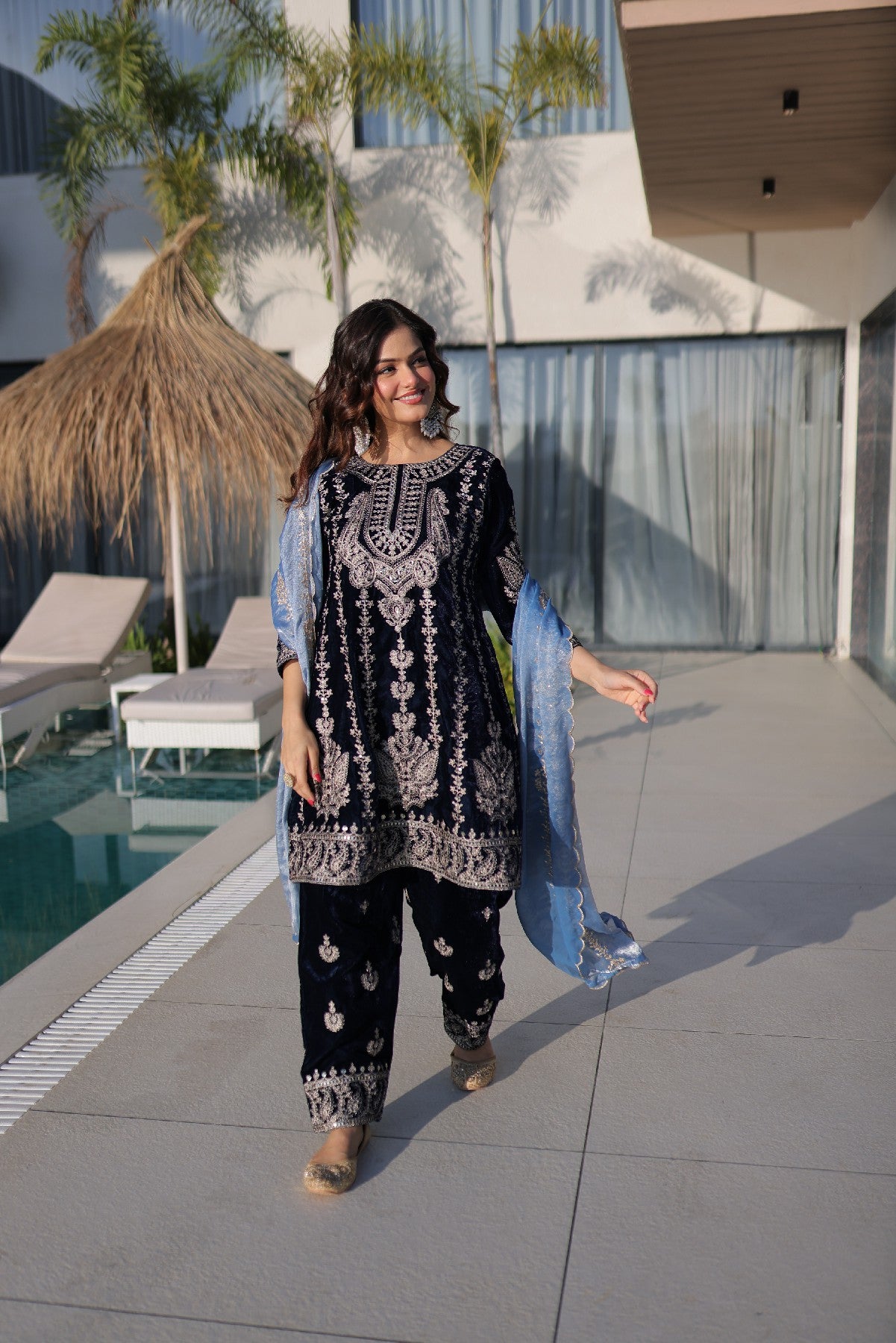 Blue Velvet Zari Embroidered Festive Salwar Kameez