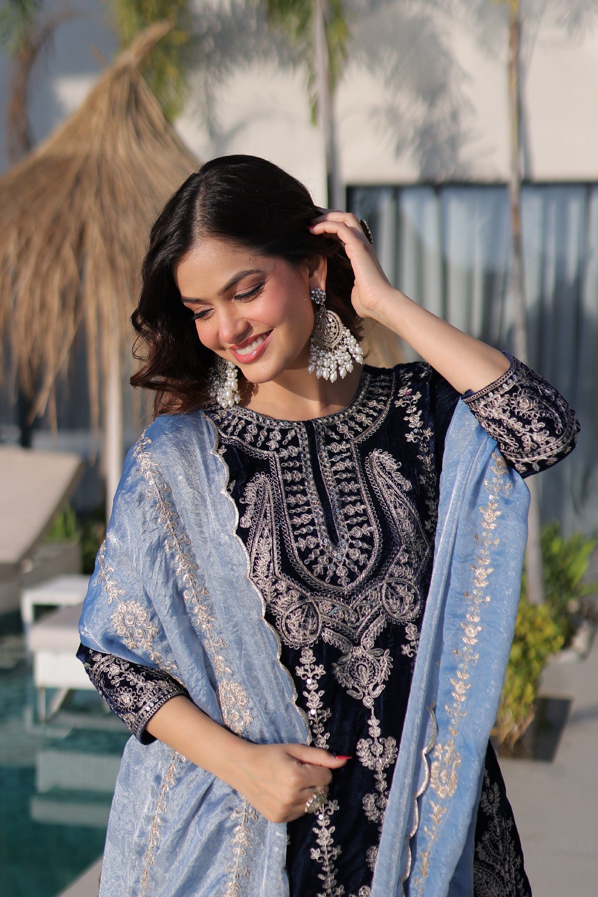Blue Velvet Zari Embroidered Festive Salwar Kameez