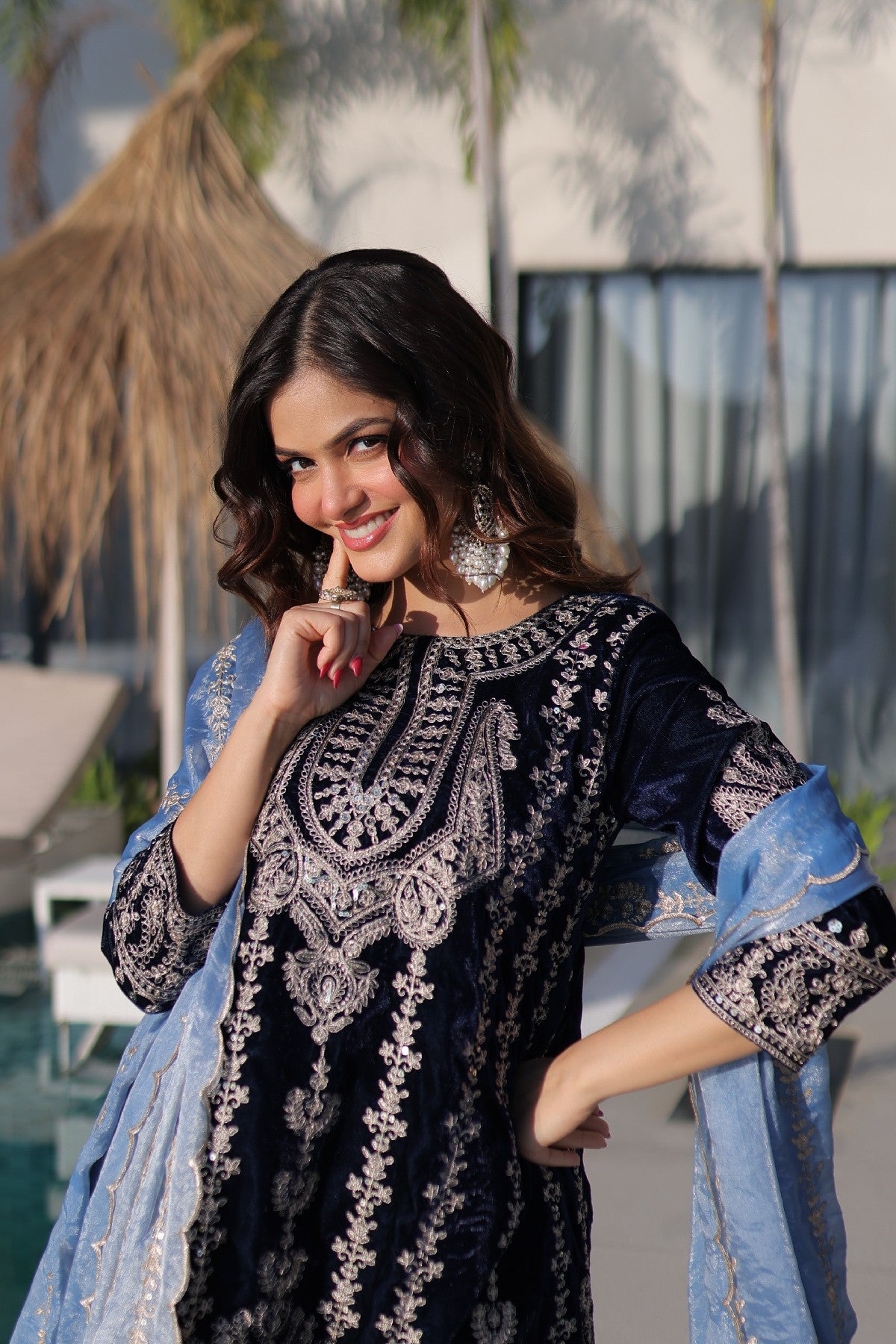 Blue Velvet Zari Embroidered Festive Salwar Kameez