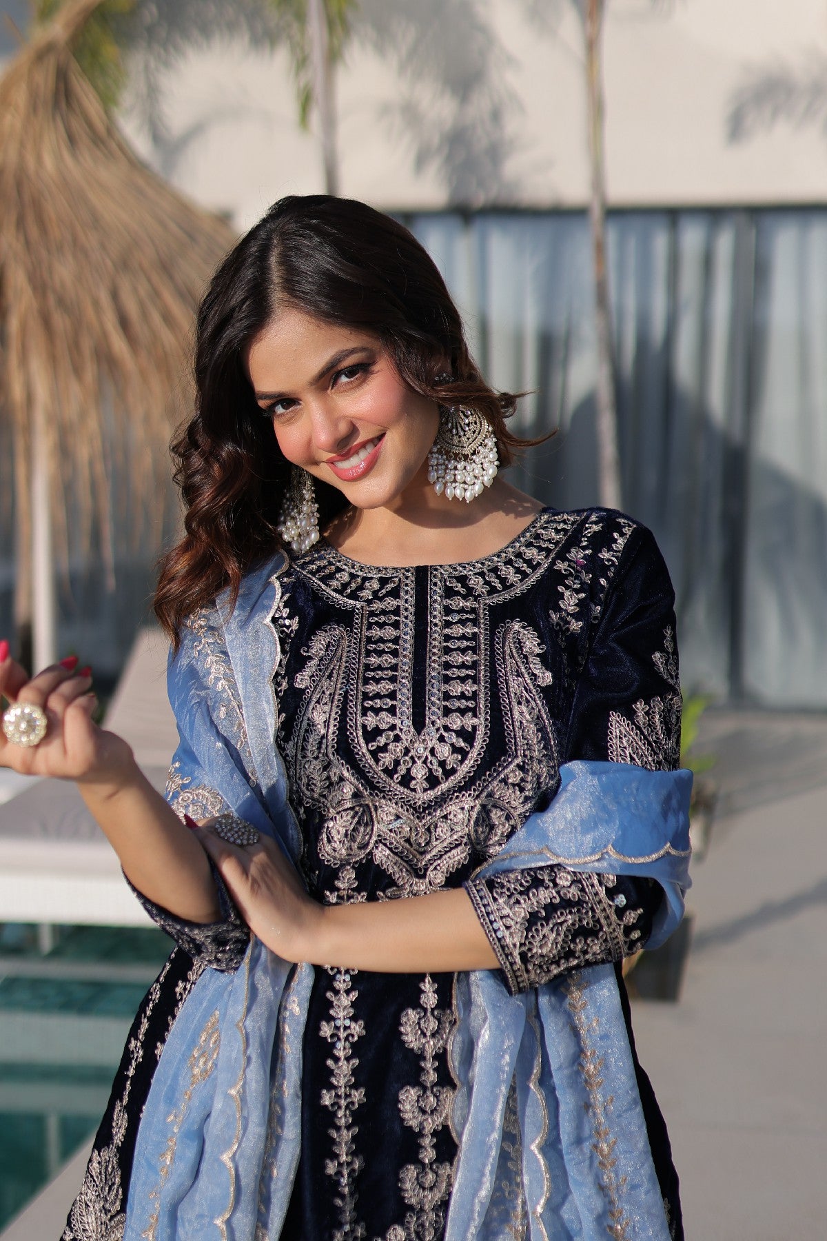 Blue Velvet Zari Embroidered Festive Salwar Kameez