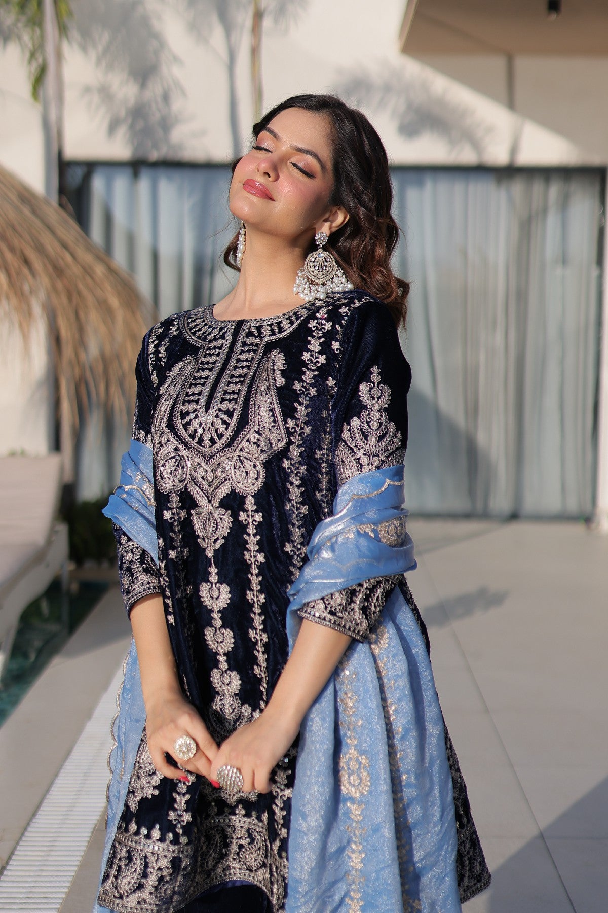 Blue Velvet Zari Embroidered Festive Salwar Kameez