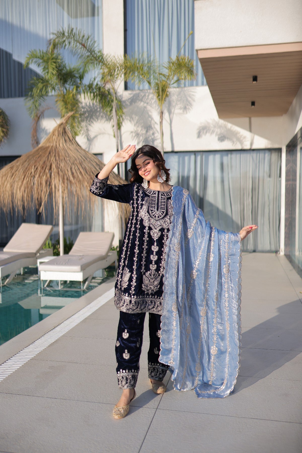Blue Velvet Zari Embroidered Festive Salwar Kameez