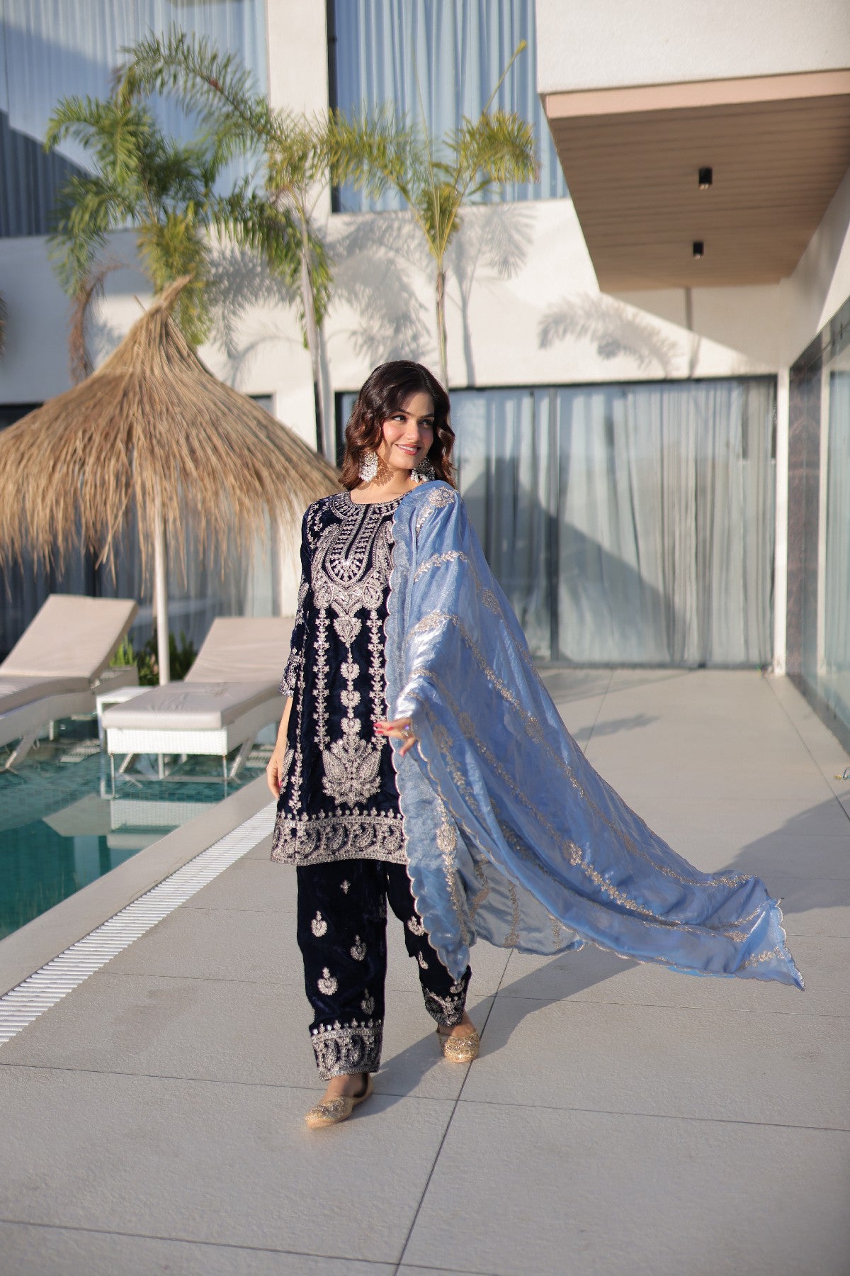 Blue Velvet Zari Embroidered Festive Salwar Kameez