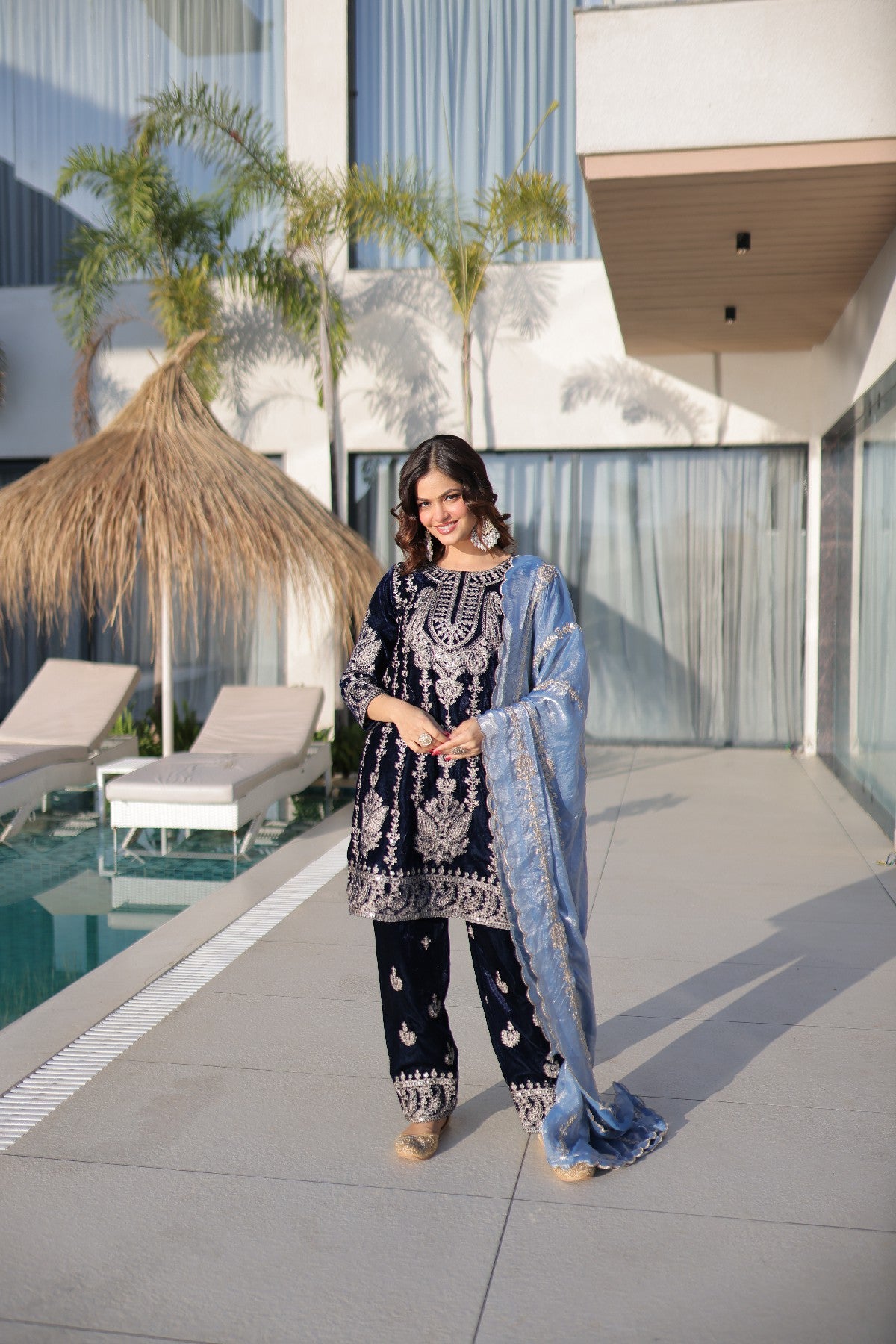 Blue Velvet Zari Embroidered Festive Salwar Kameez