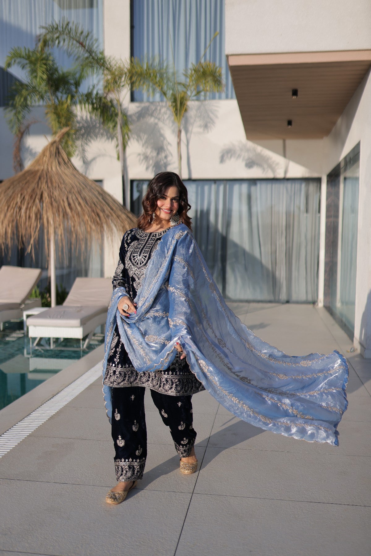Blue Velvet Zari Embroidered Festive Salwar Kameez