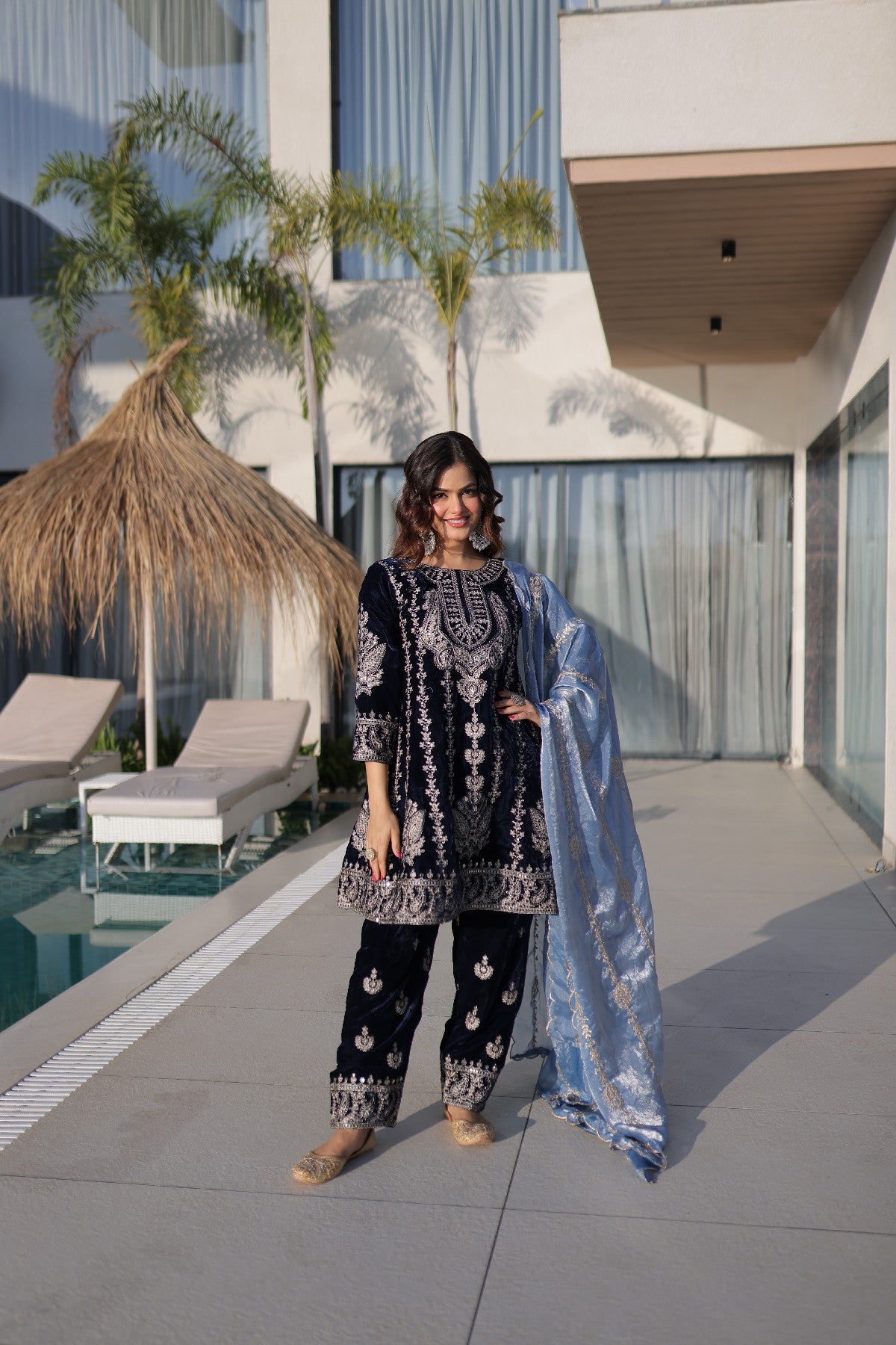Blue Velvet Zari Embroidered Festive Salwar Kameez
