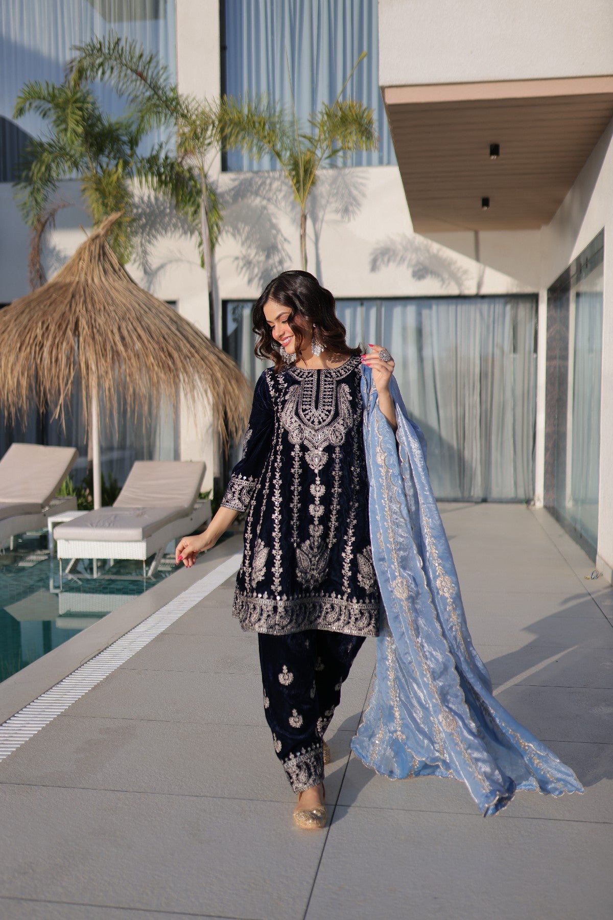 Blue Velvet Zari Embroidered Festive Salwar Kameez