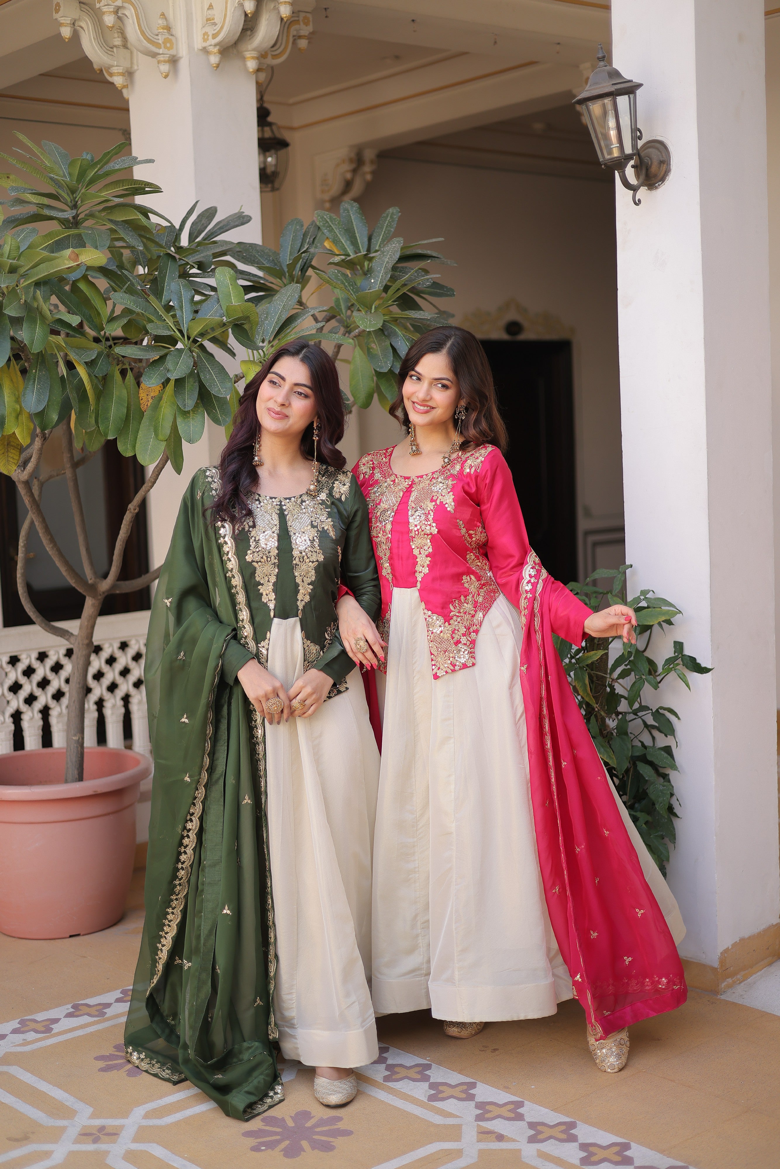 Silk Thread Embroidered Festival Gown With Dupatta