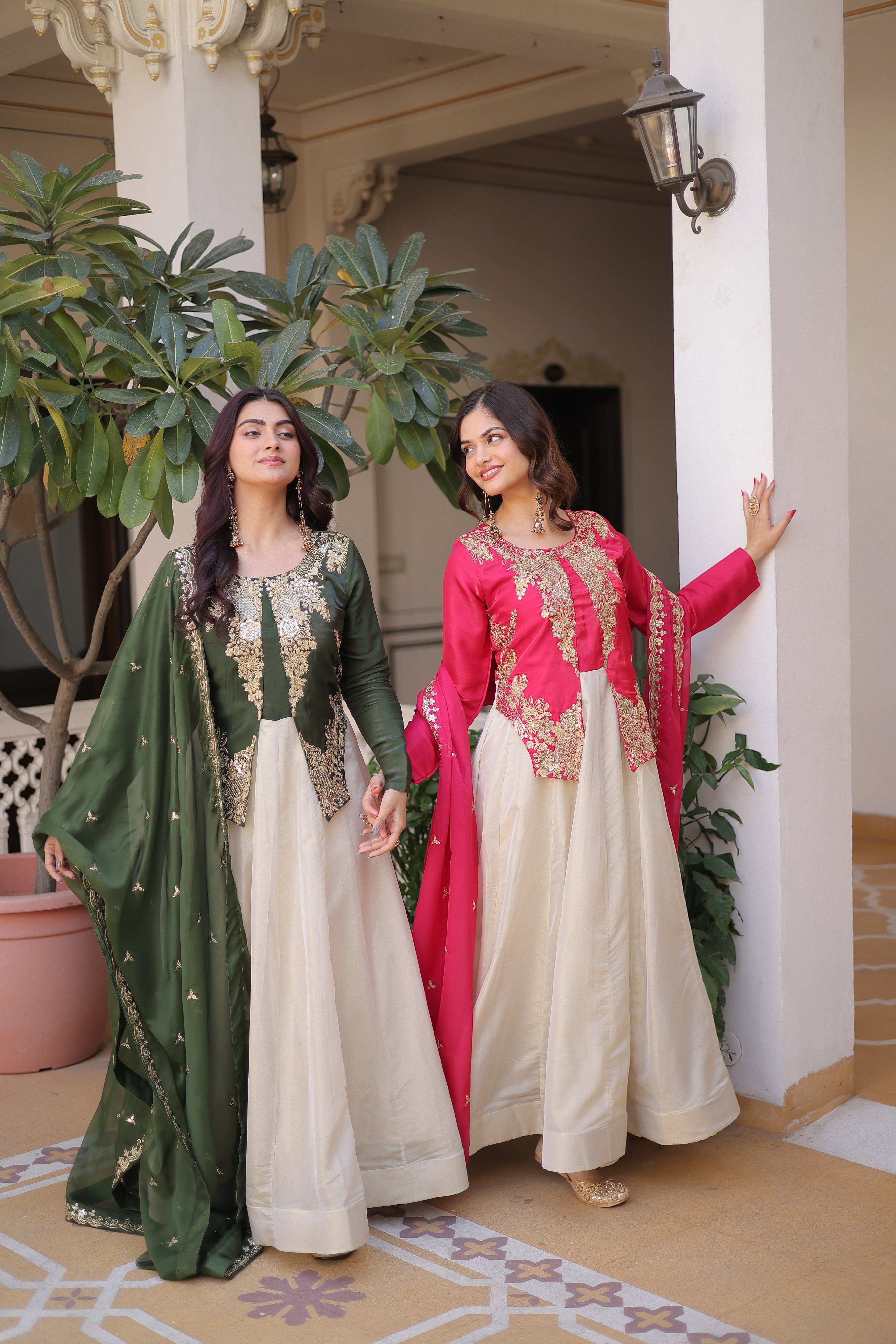Silk Thread Embroidered Festival Gown With Dupatta