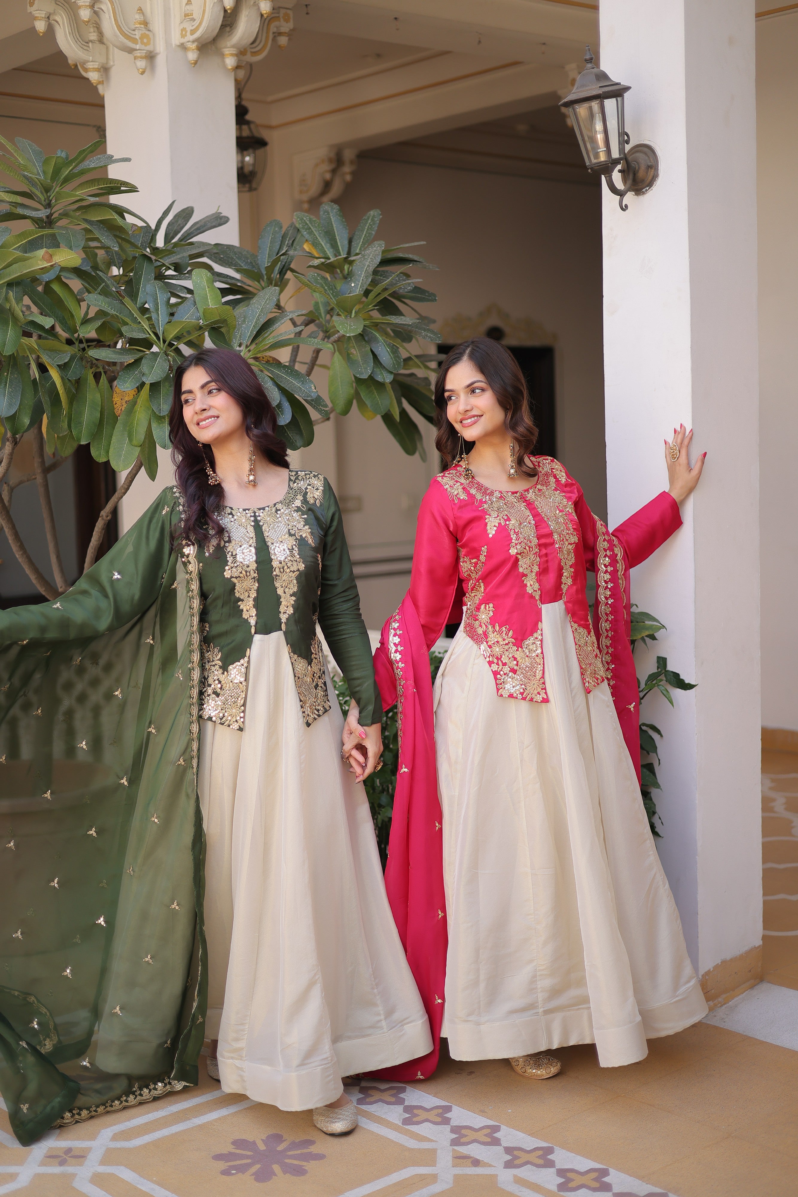 Silk Thread Embroidered Festival Gown With Dupatta
