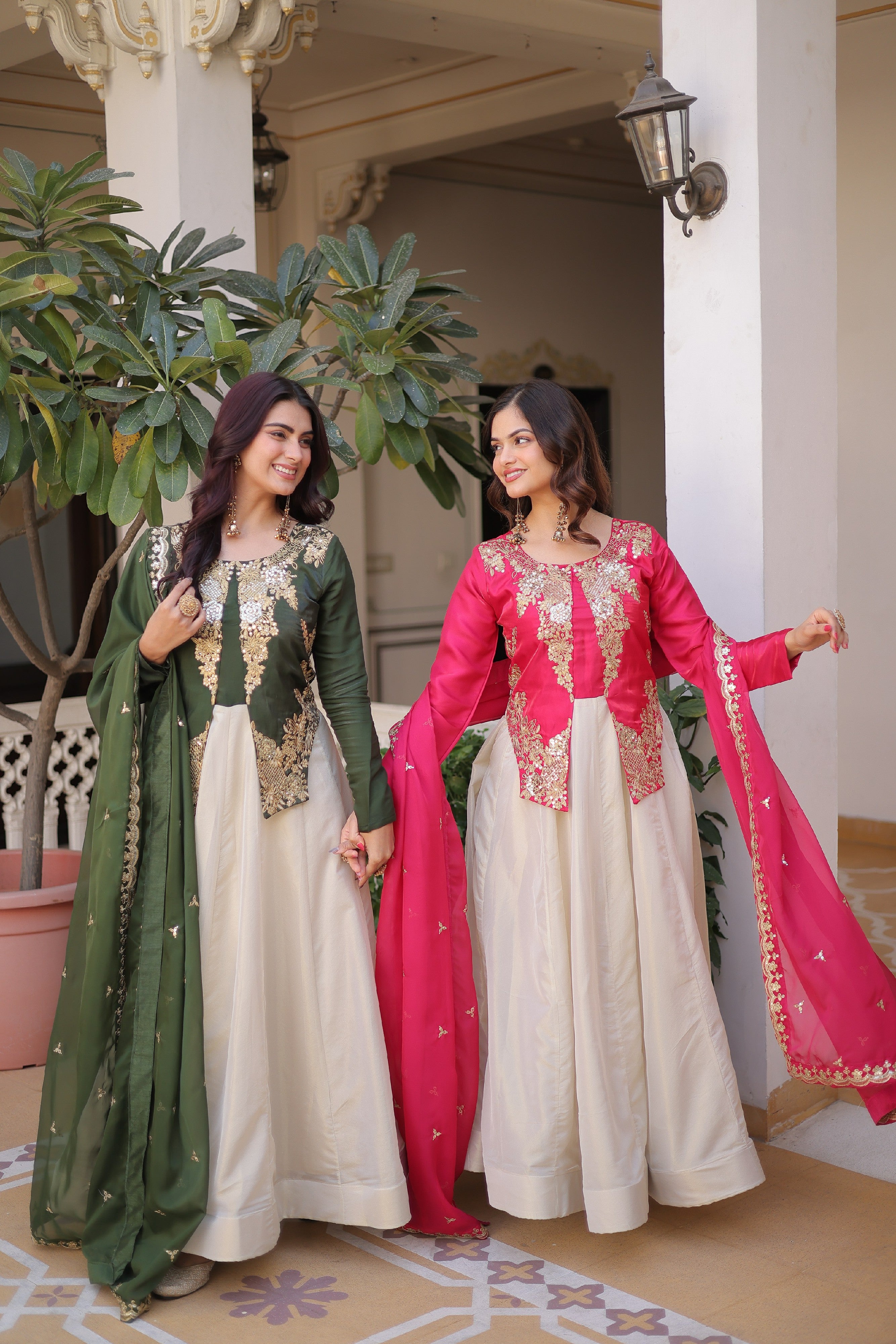 Silk Thread Embroidered Festival Gown With Dupatta