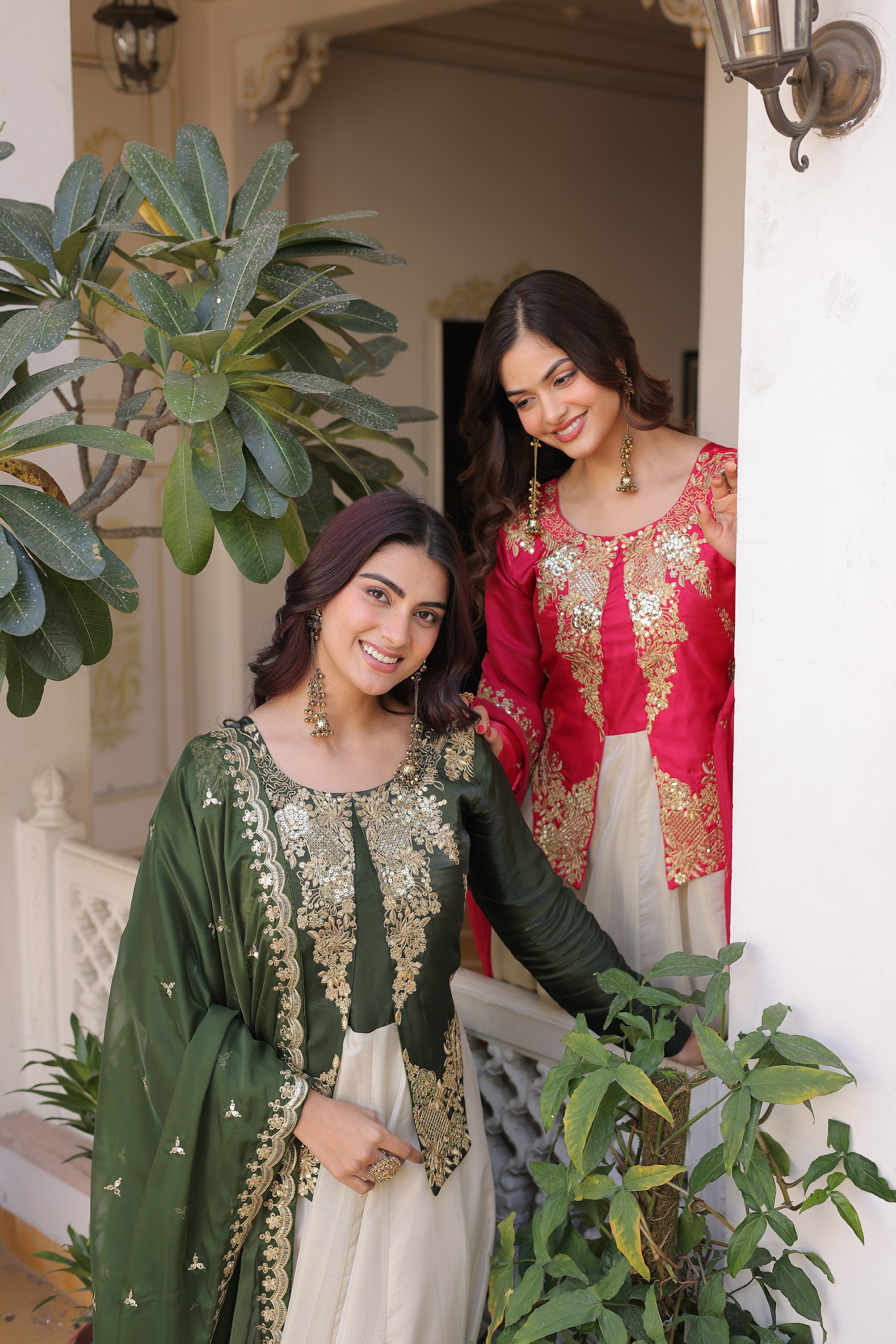 Silk Thread Embroidered Festival Gown With Dupatta