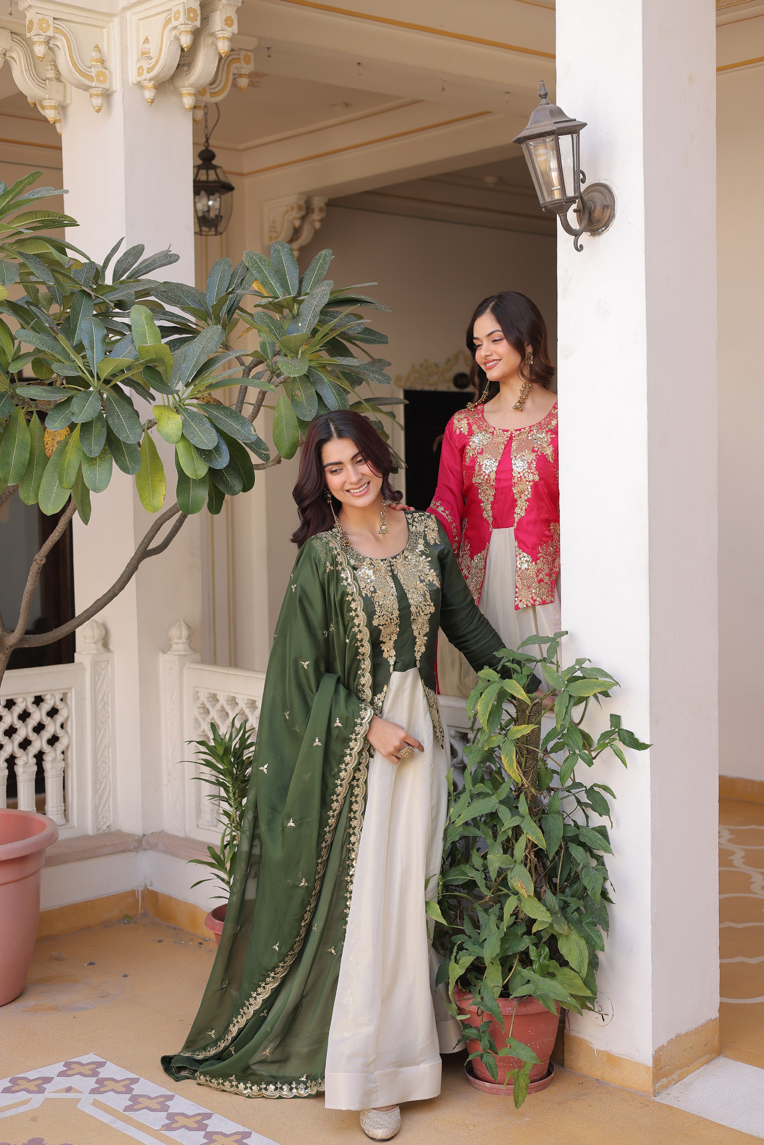 Silk Thread Embroidered Festival Gown With Dupatta