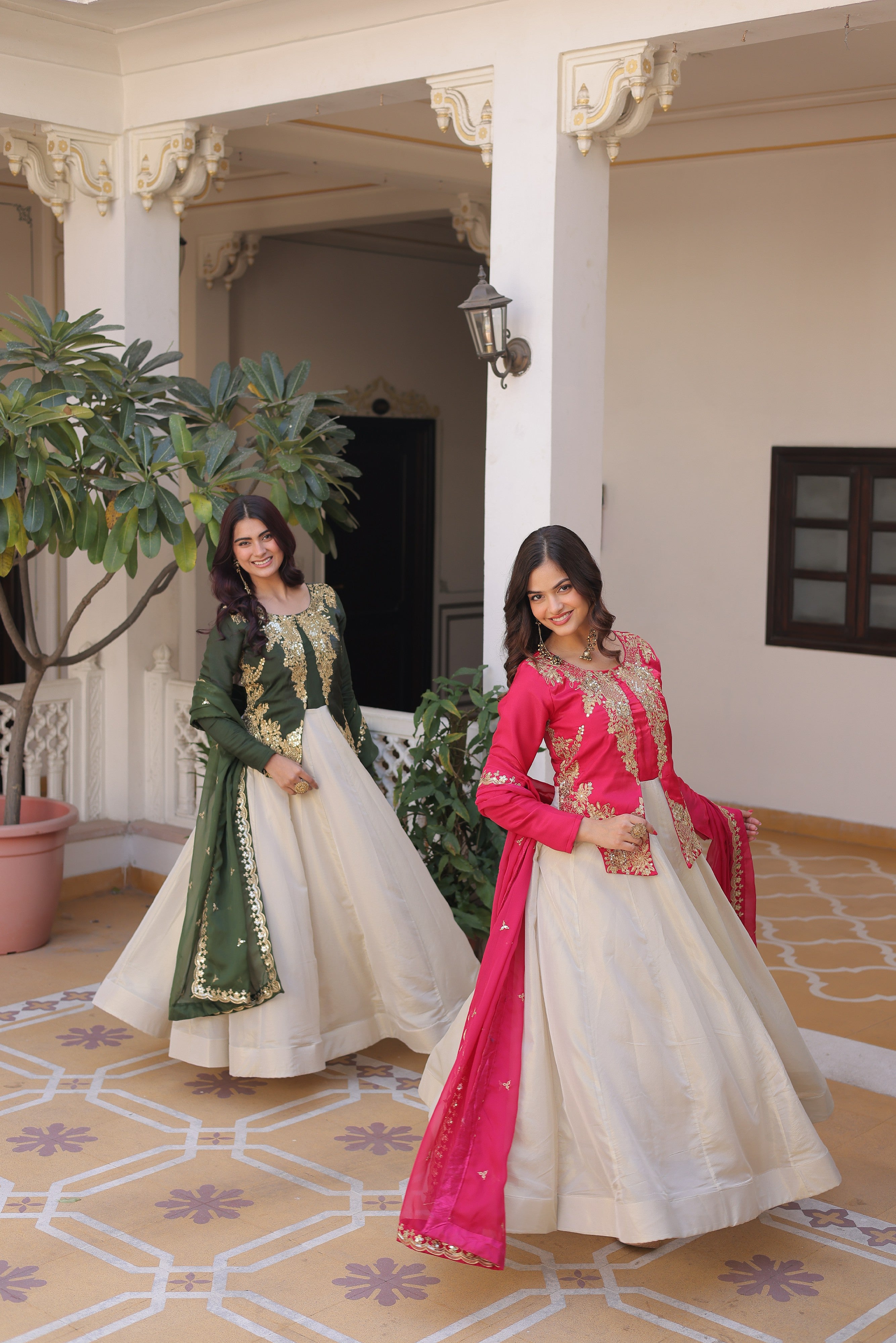 Silk Thread Embroidered Festival Gown With Dupatta