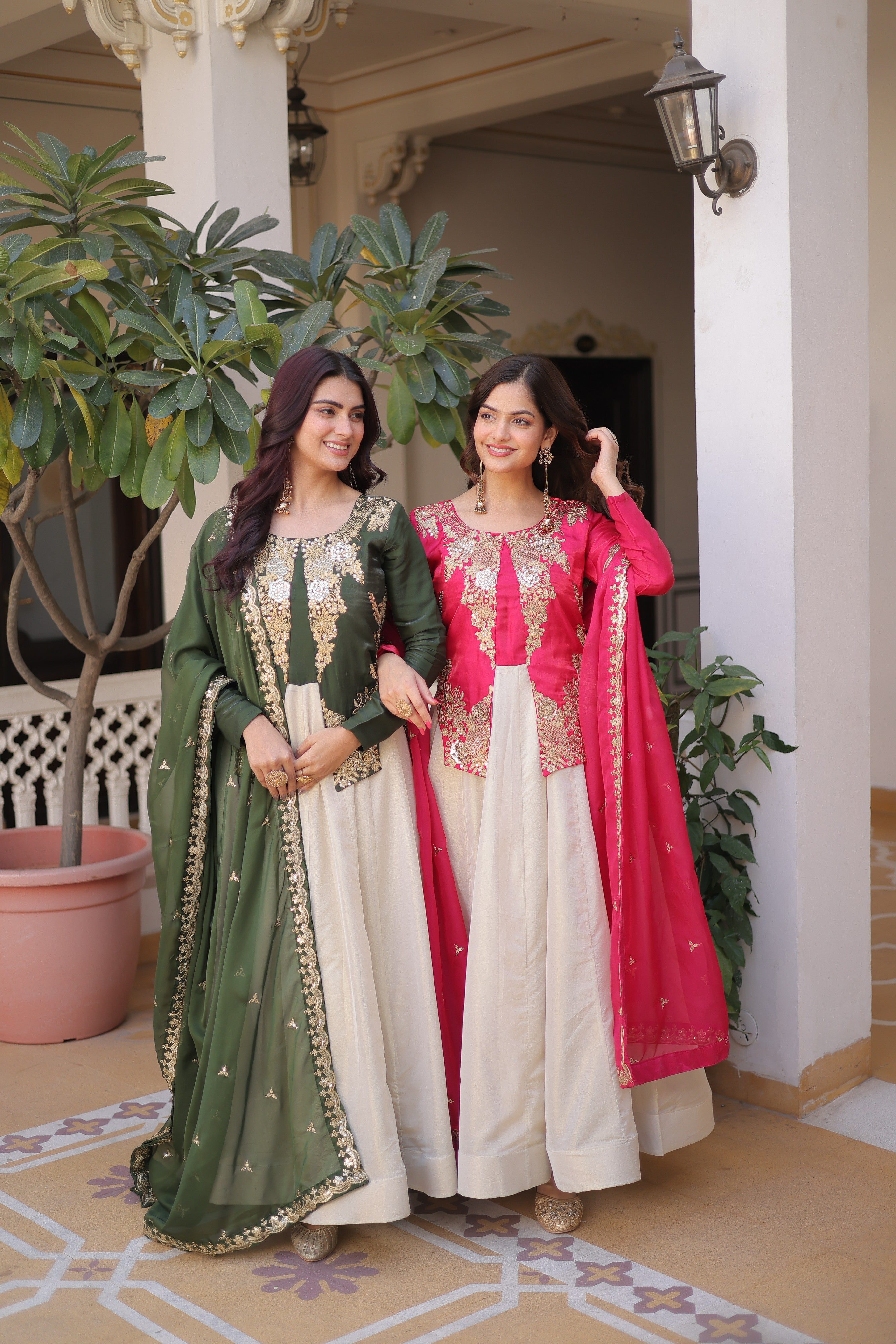 Silk Thread Embroidered Festival Gown With Dupatta