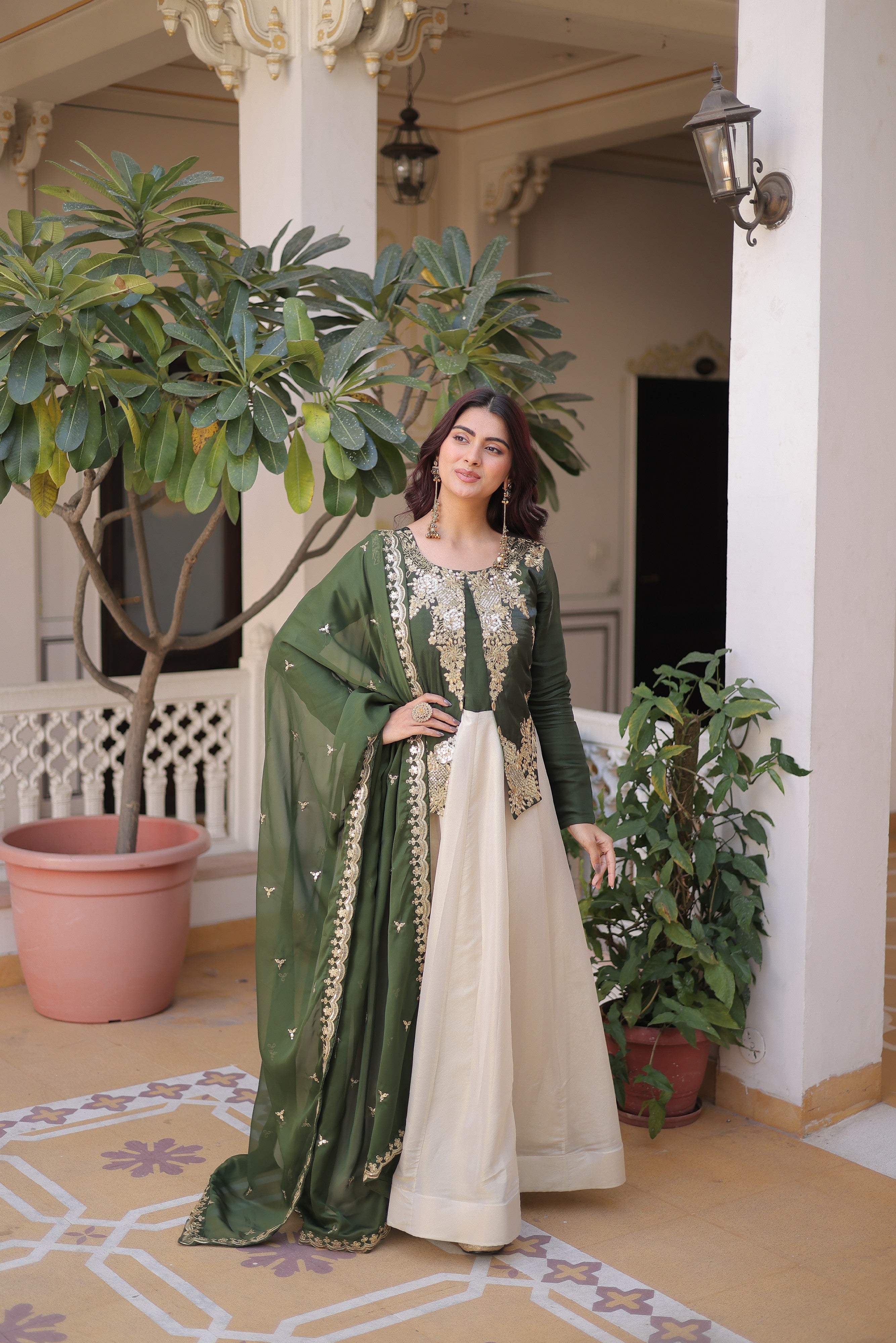 Silk Thread Embroidered Festival Gown With Dupatta