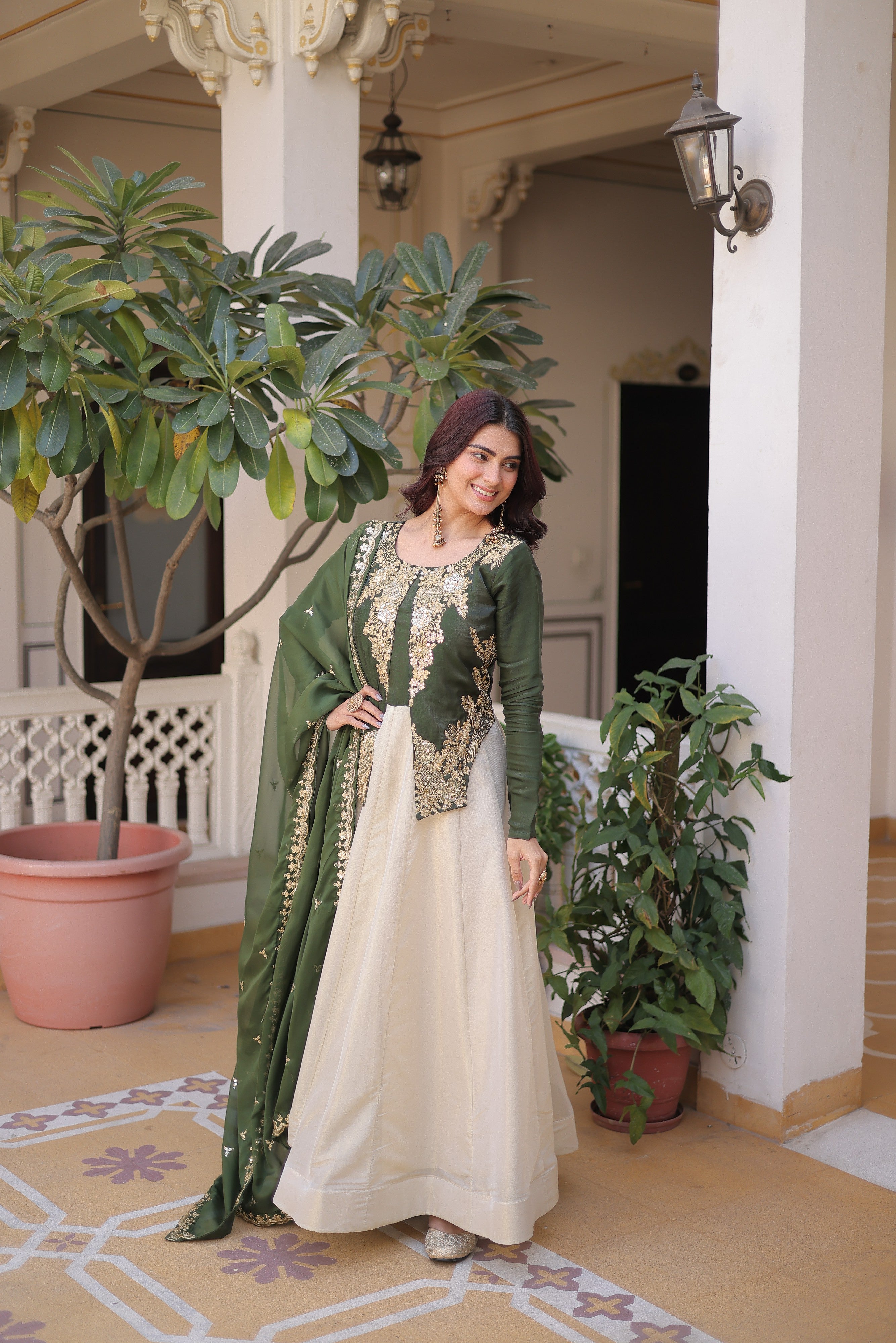 Silk Thread Embroidered Festival Gown With Dupatta