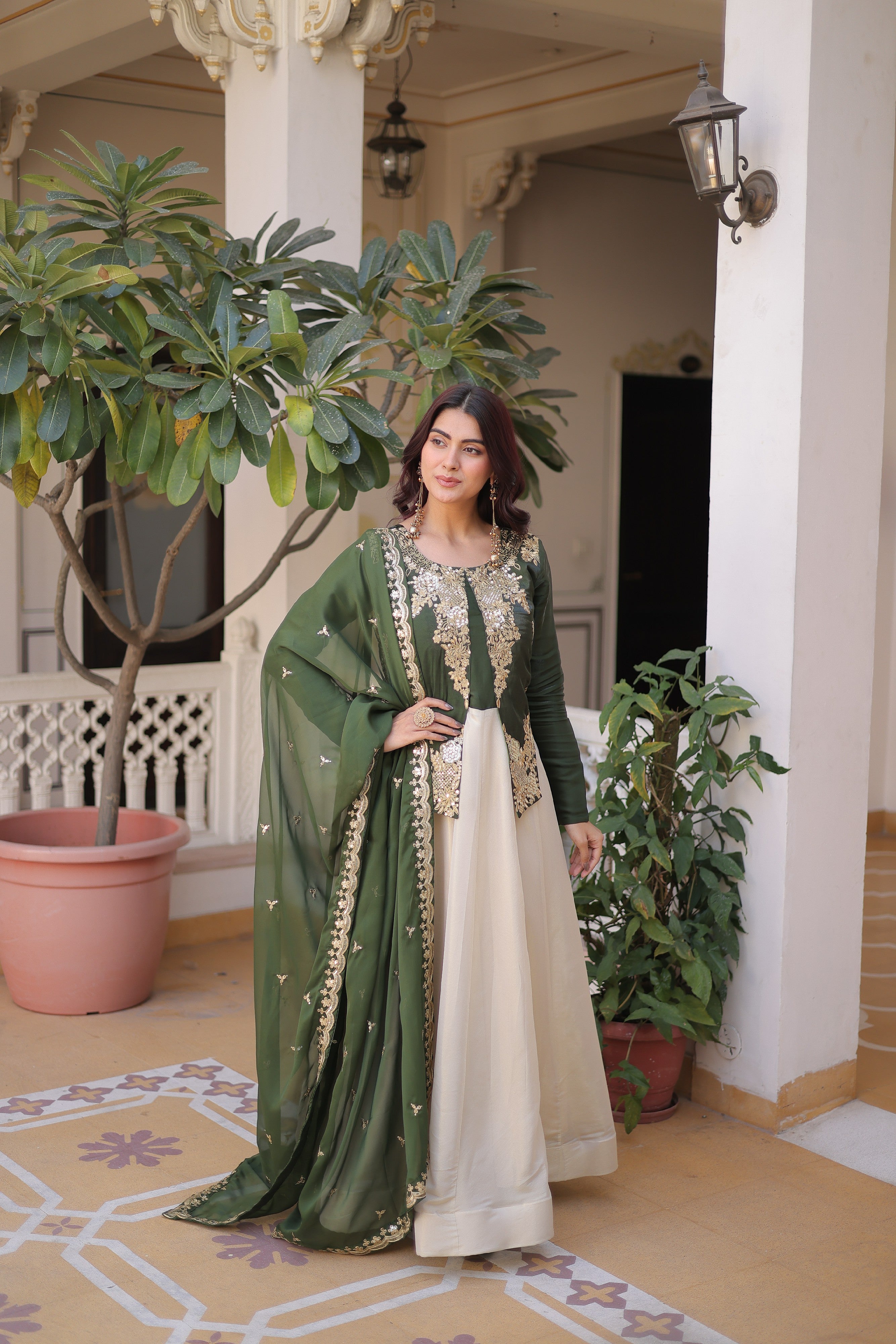 Silk Thread Embroidered Festival Gown With Dupatta