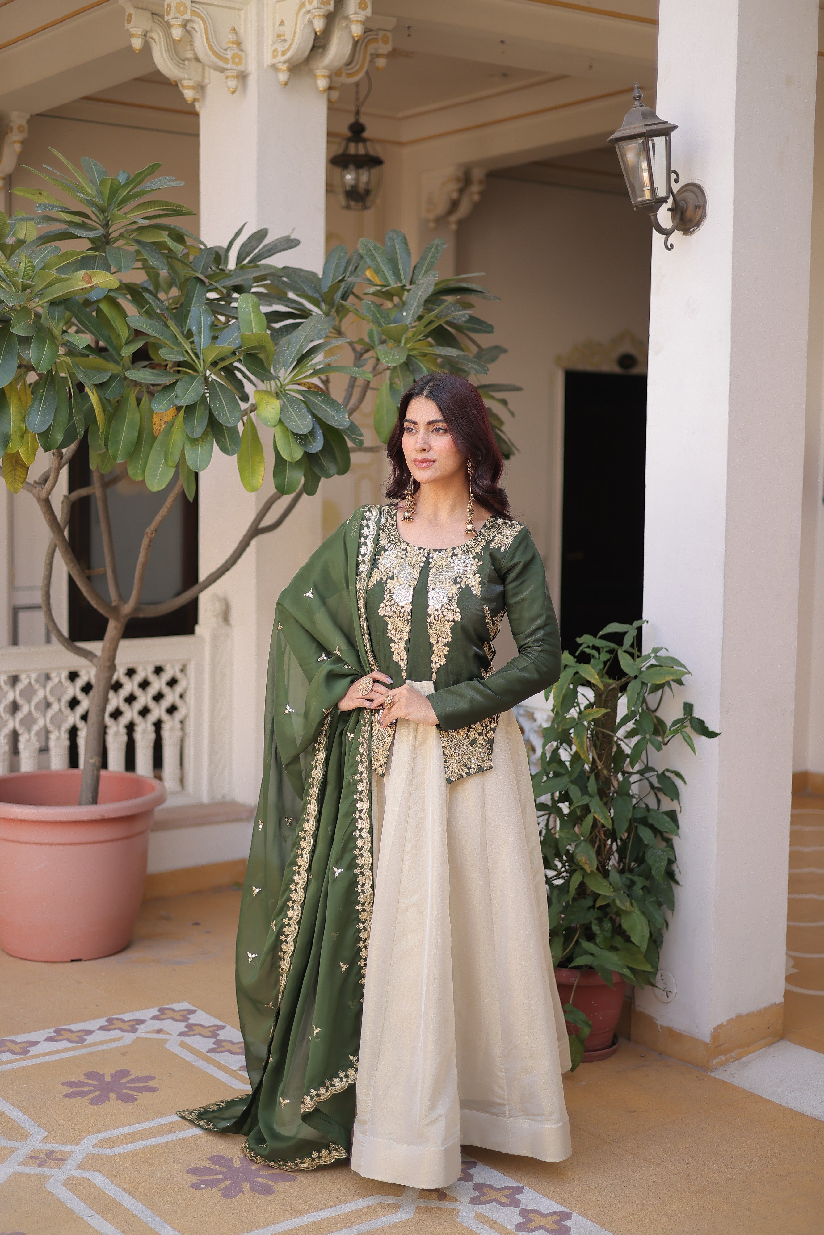 Silk Thread Embroidered Festival Gown With Dupatta