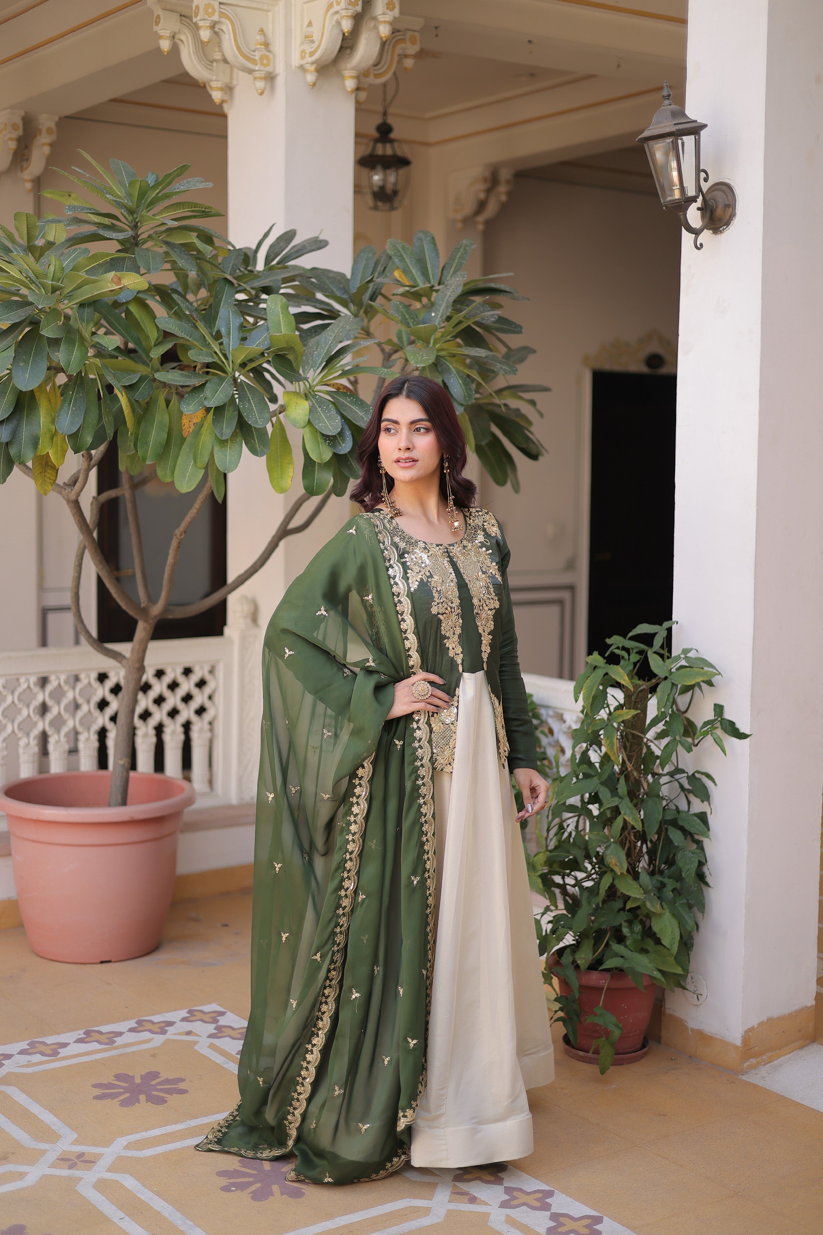 Silk Thread Embroidered Festival Gown With Dupatta