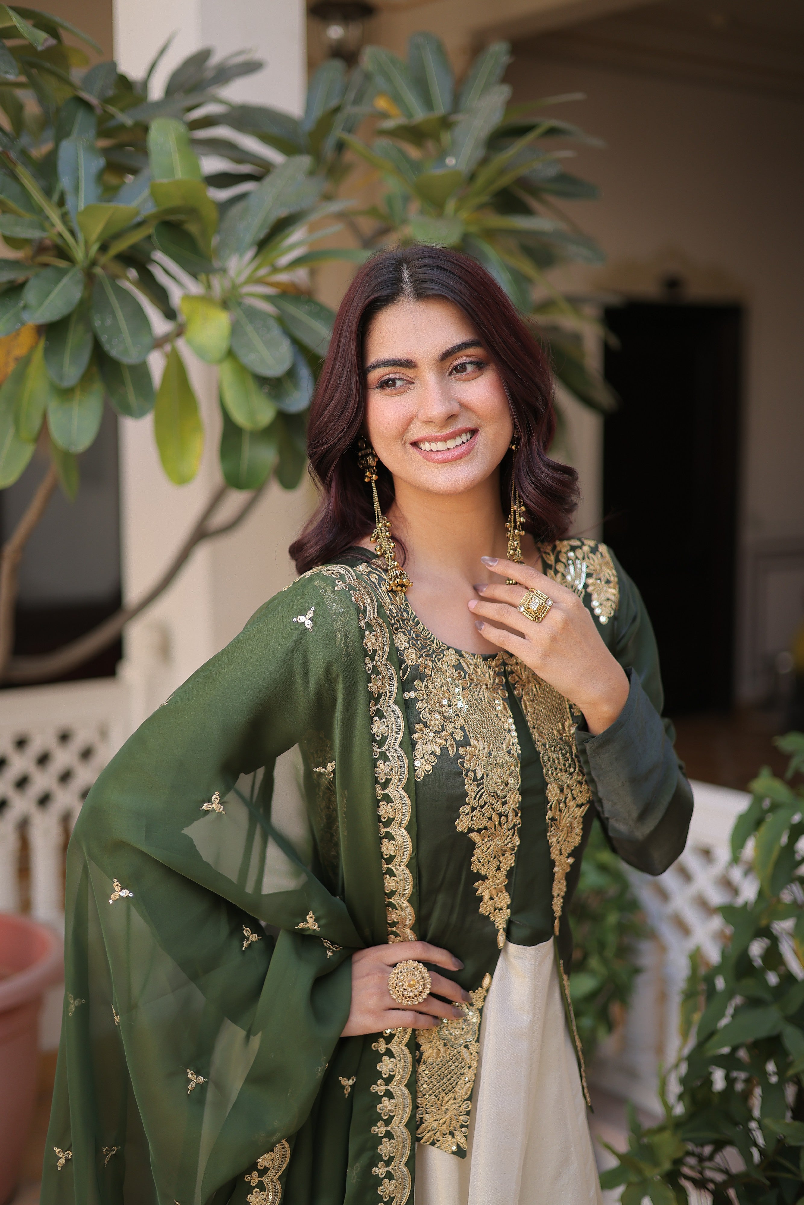 Silk Thread Embroidered Festival Gown With Dupatta