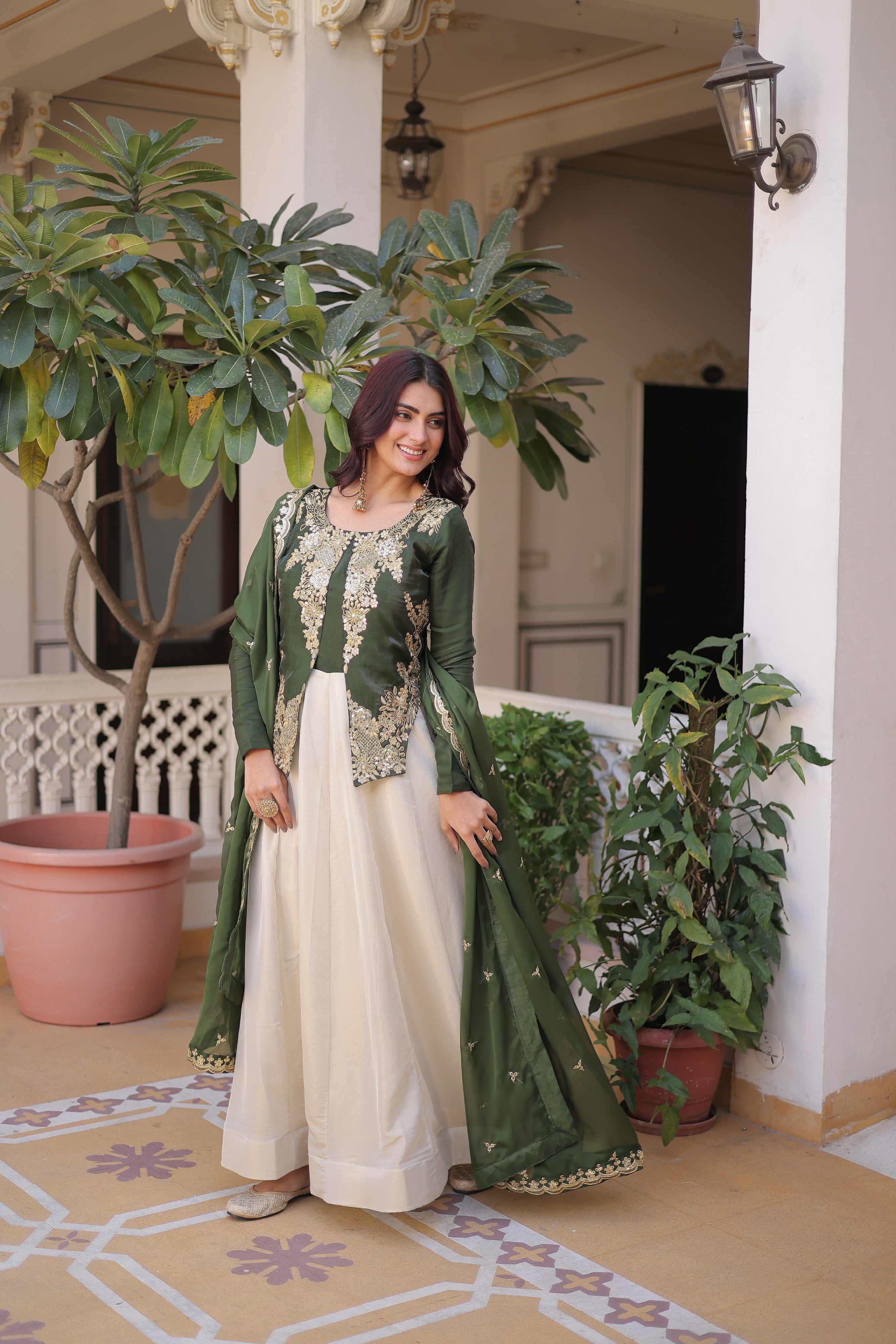 Silk Thread Embroidered Festival Gown With Dupatta