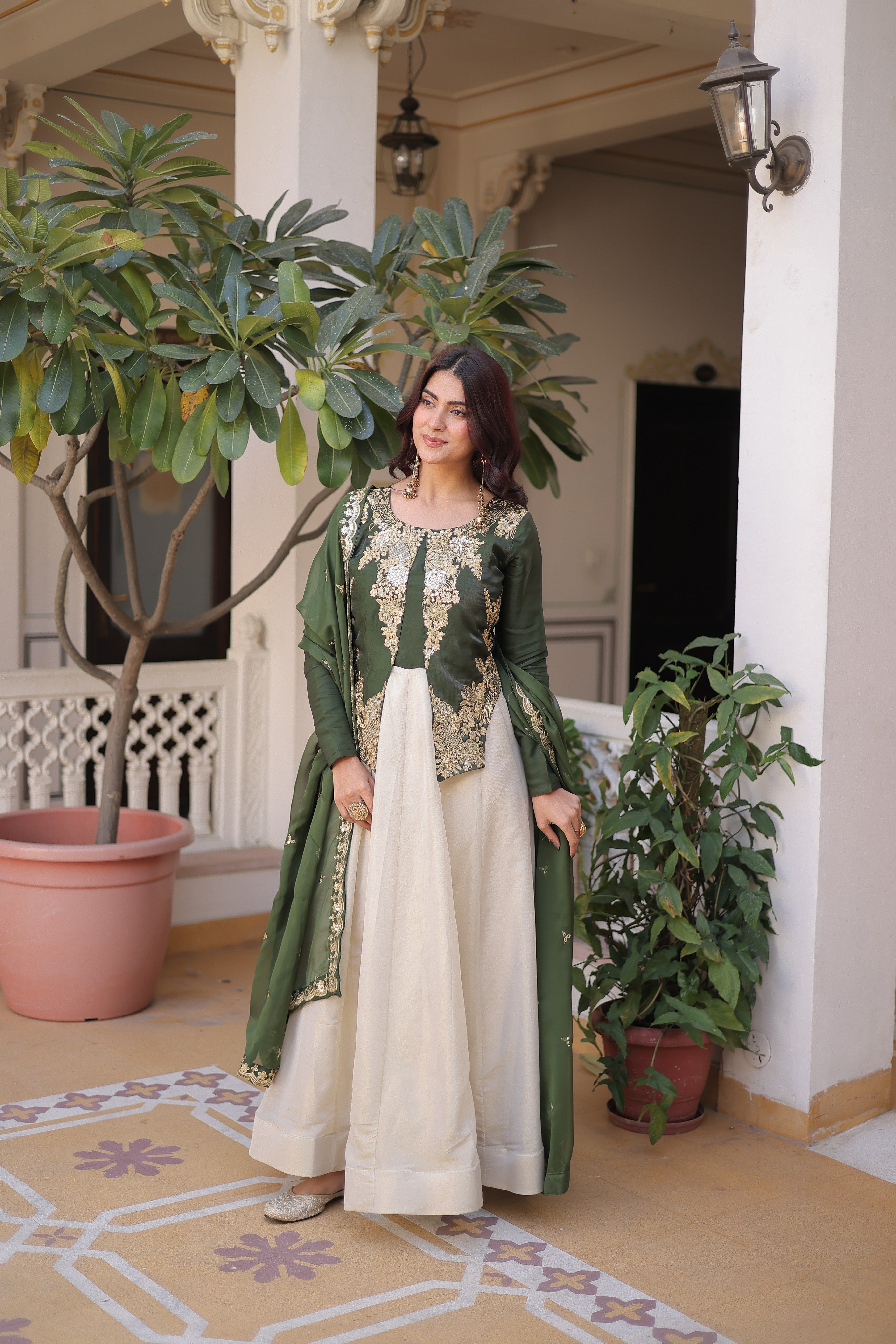 Silk Thread Embroidered Festival Gown With Dupatta