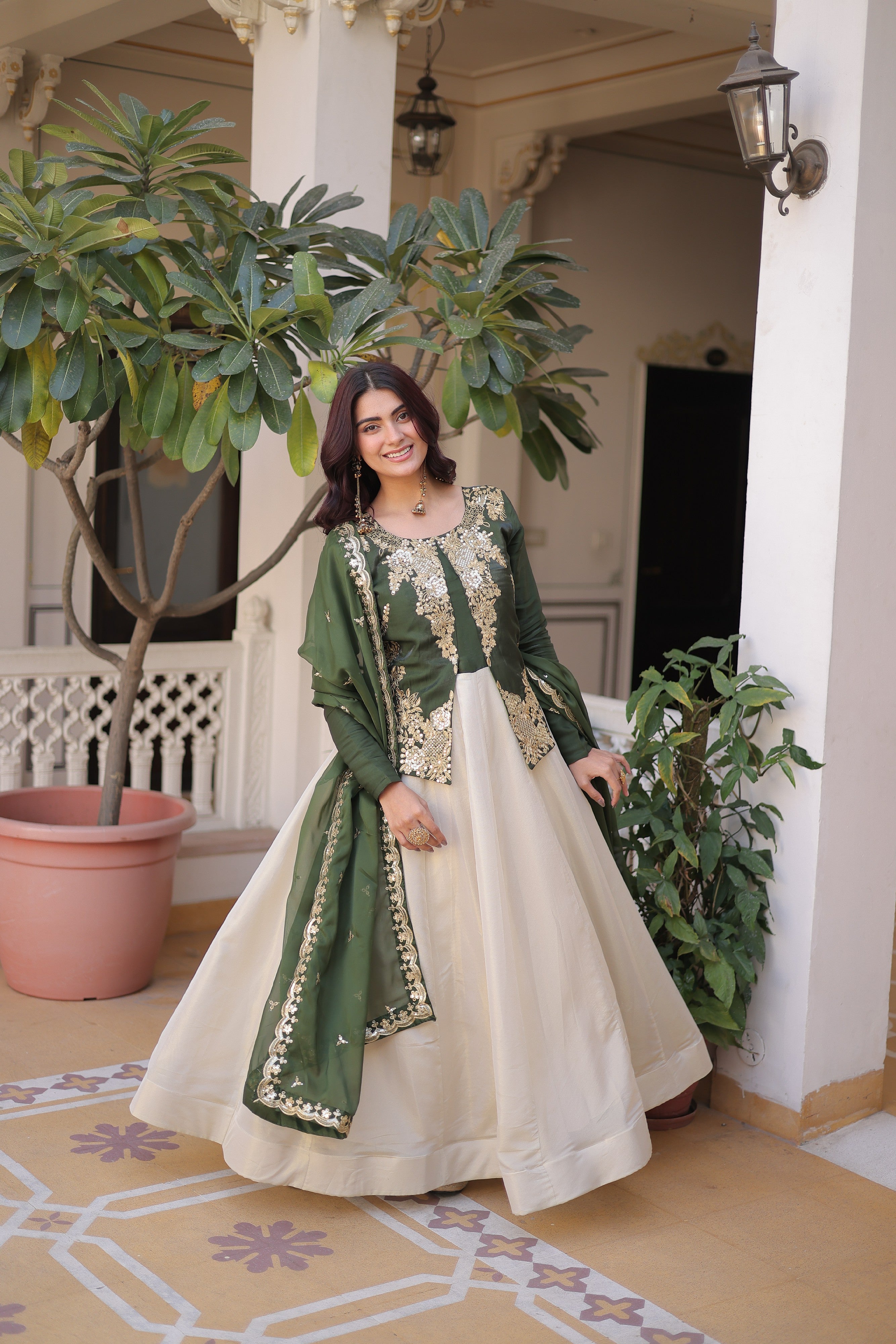 Silk Thread Embroidered Festival Gown With Dupatta