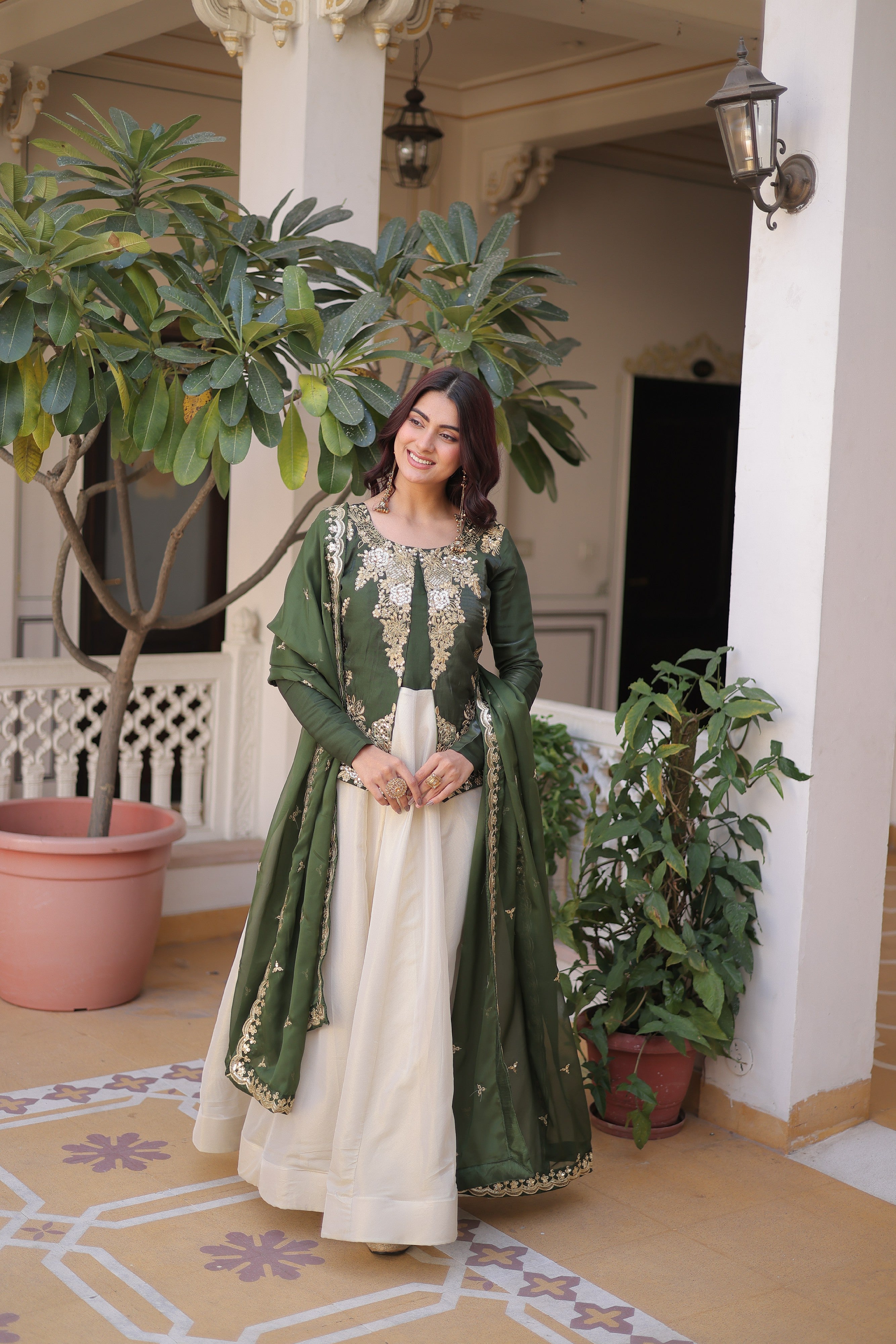 Silk Thread Embroidered Festival Gown With Dupatta