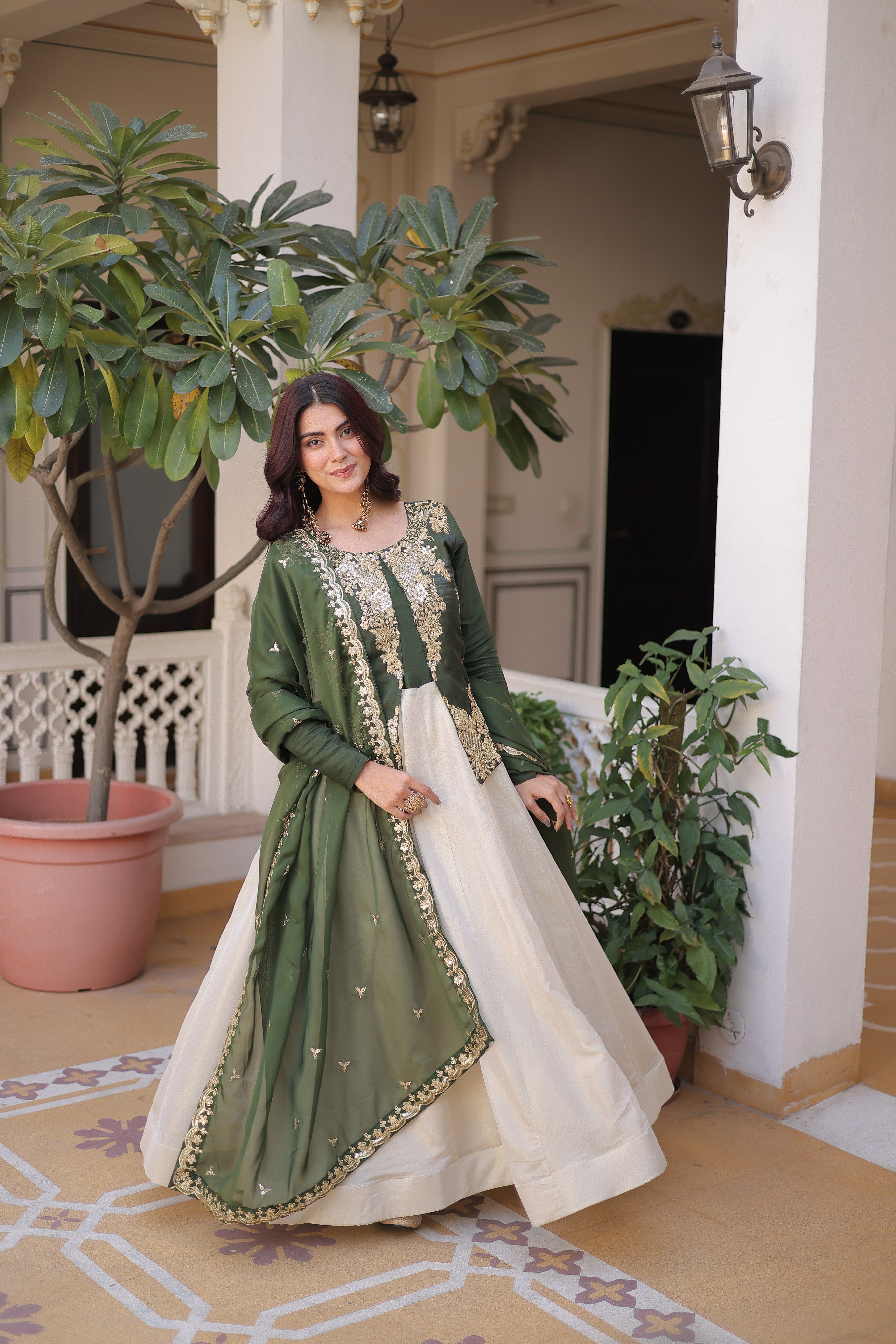 Silk Thread Embroidered Festival Gown With Dupatta
