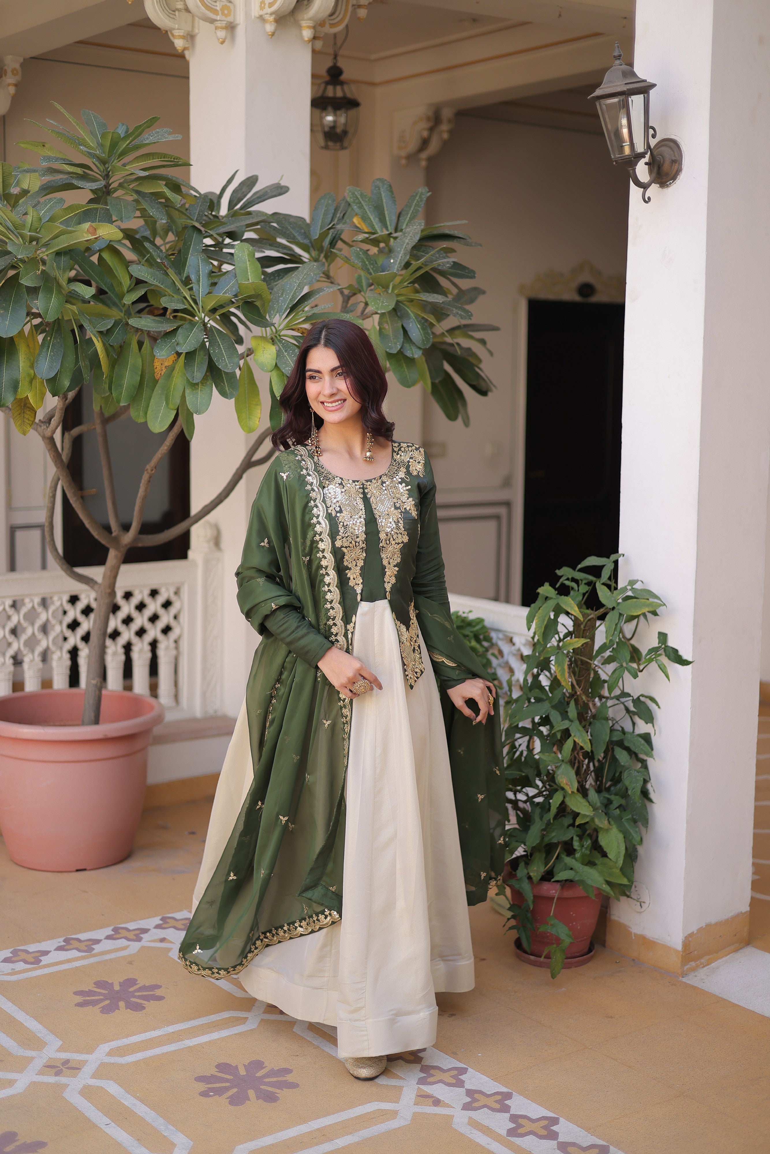 Silk Thread Embroidered Festival Gown With Dupatta