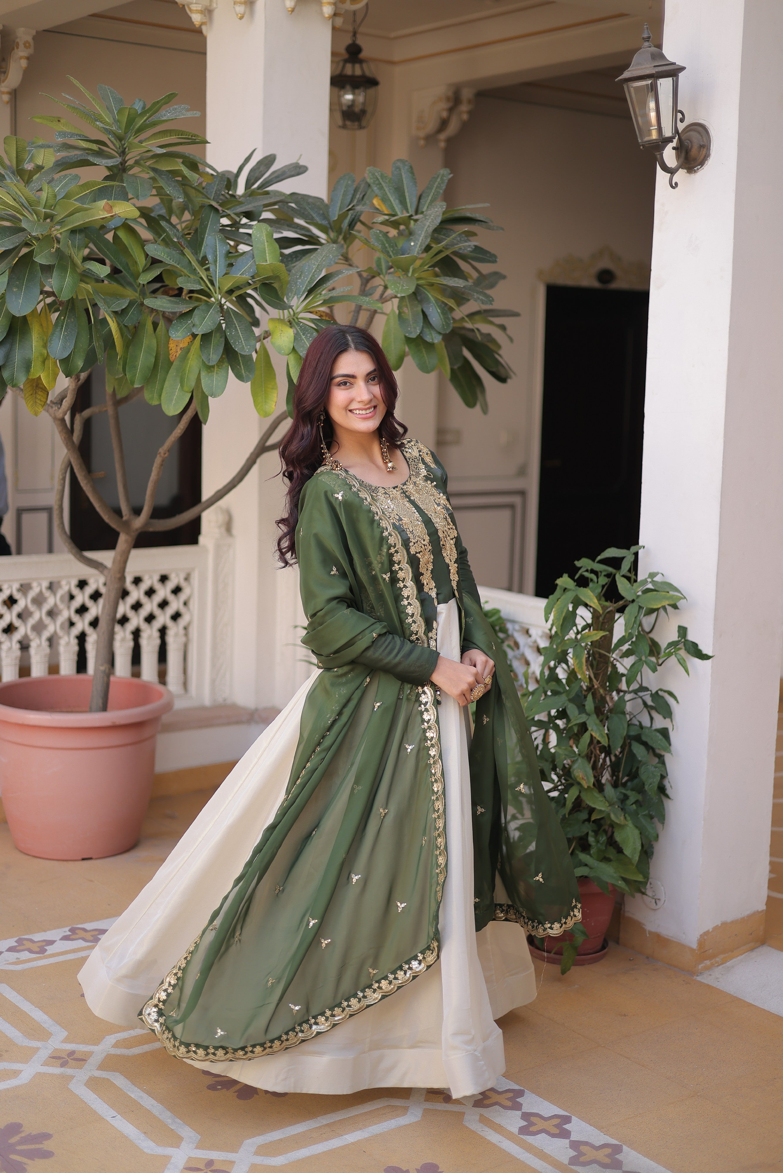 Silk Thread Embroidered Festival Gown With Dupatta
