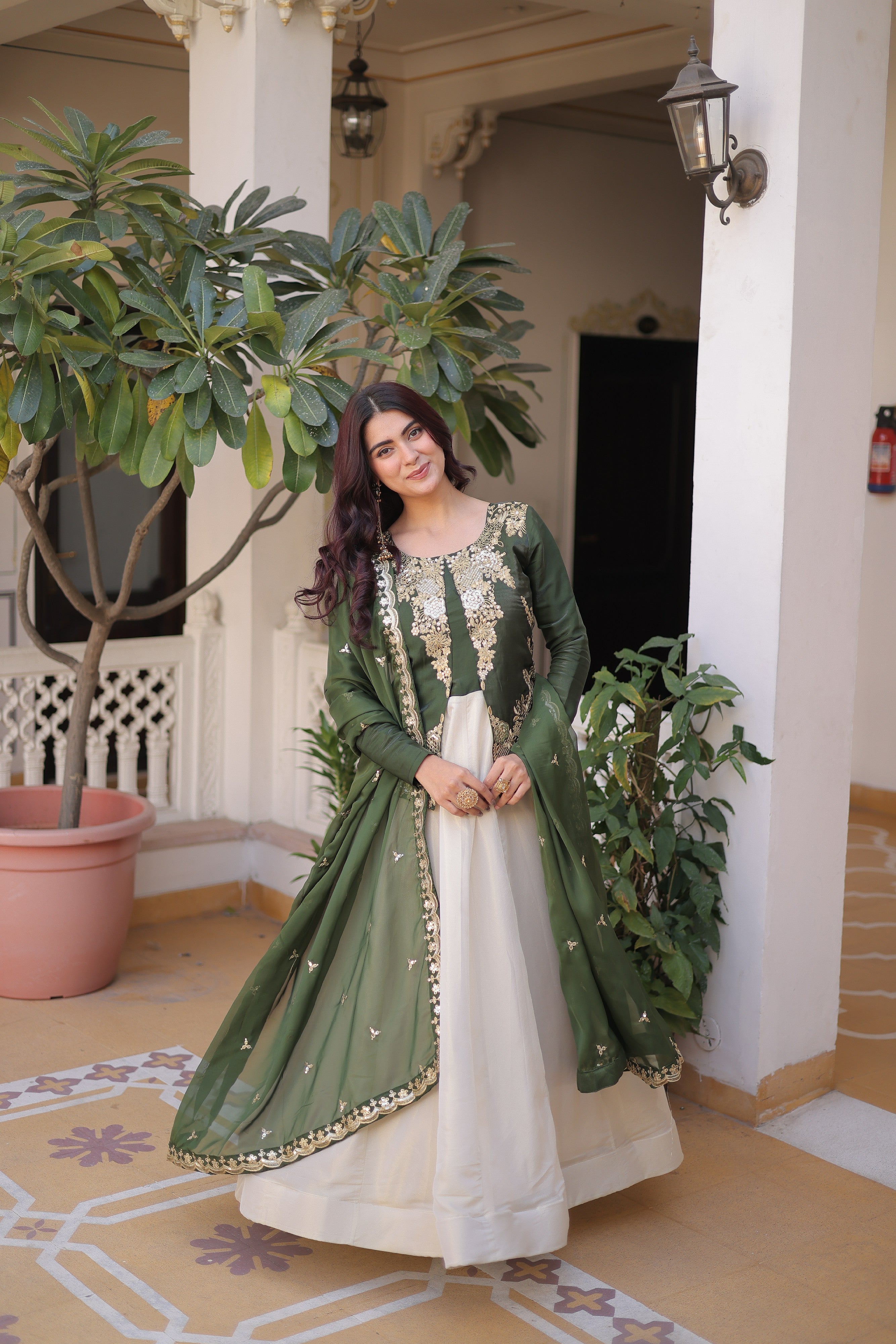 Silk Thread Embroidered Festival Gown With Dupatta