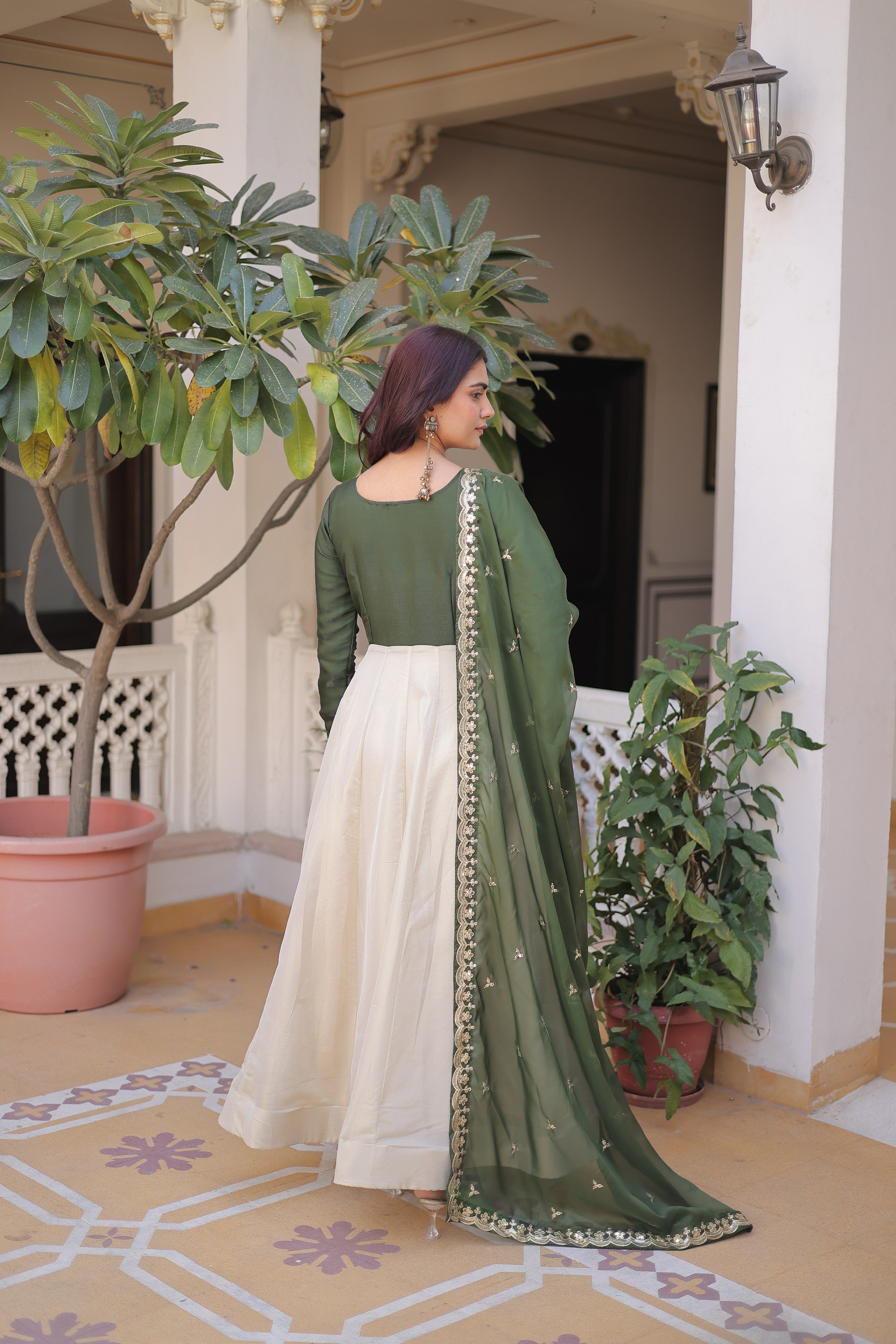 Silk Thread Embroidered Festival Gown With Dupatta