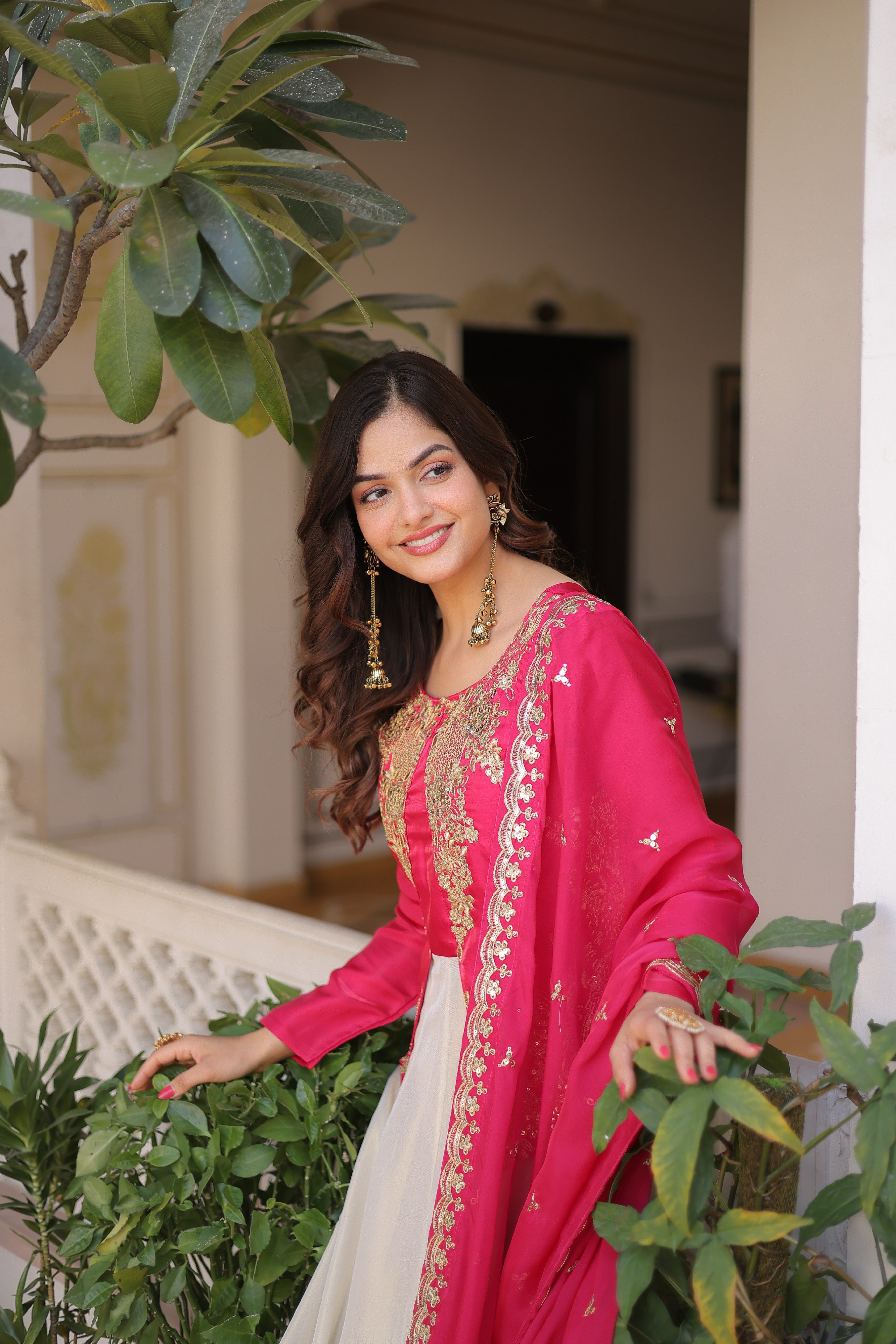 Silk Thread Embroidered Festival Gown With Dupatta