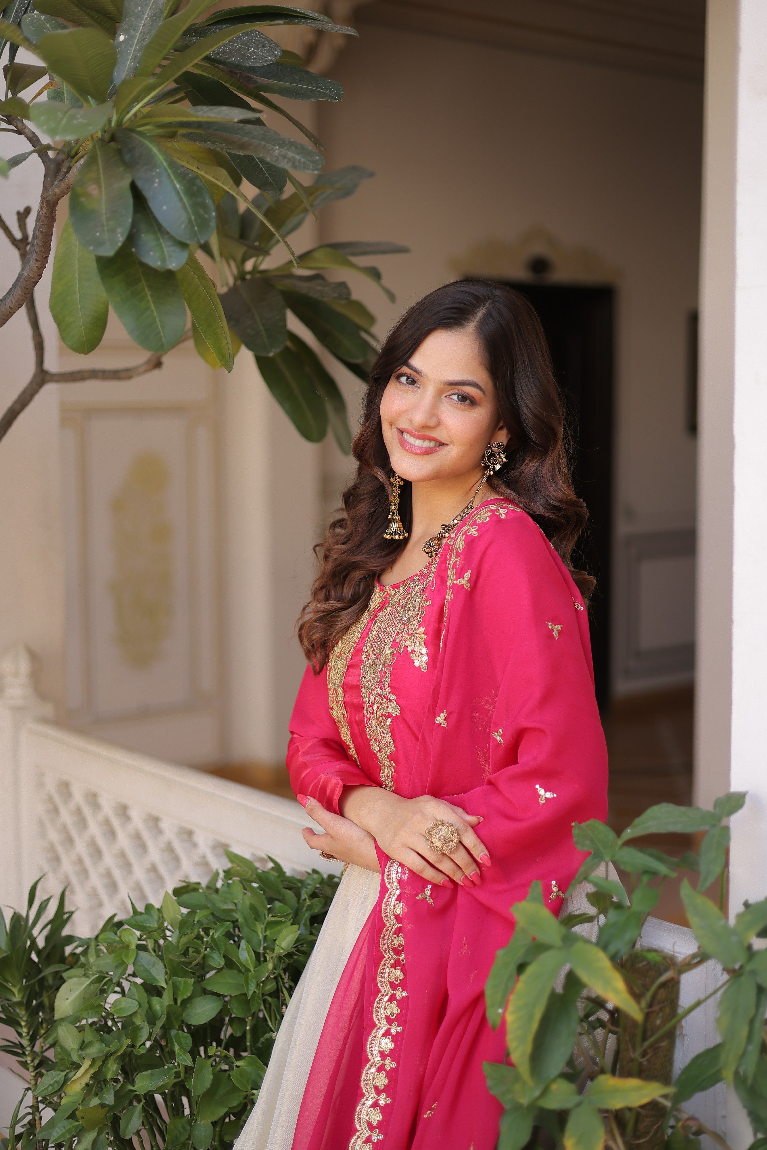 Silk Thread Embroidered Festival Gown With Dupatta