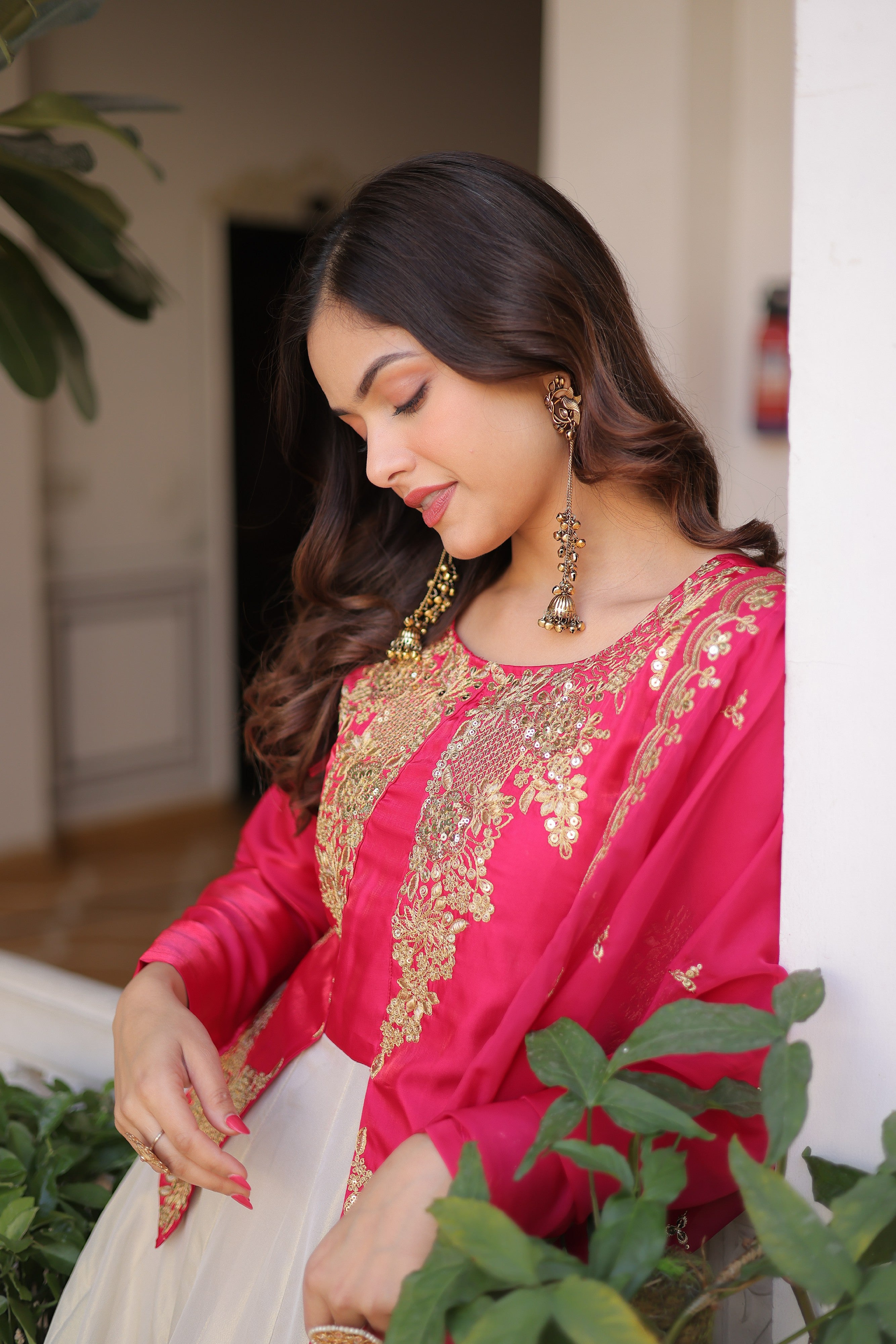 Silk Thread Embroidered Festival Gown With Dupatta