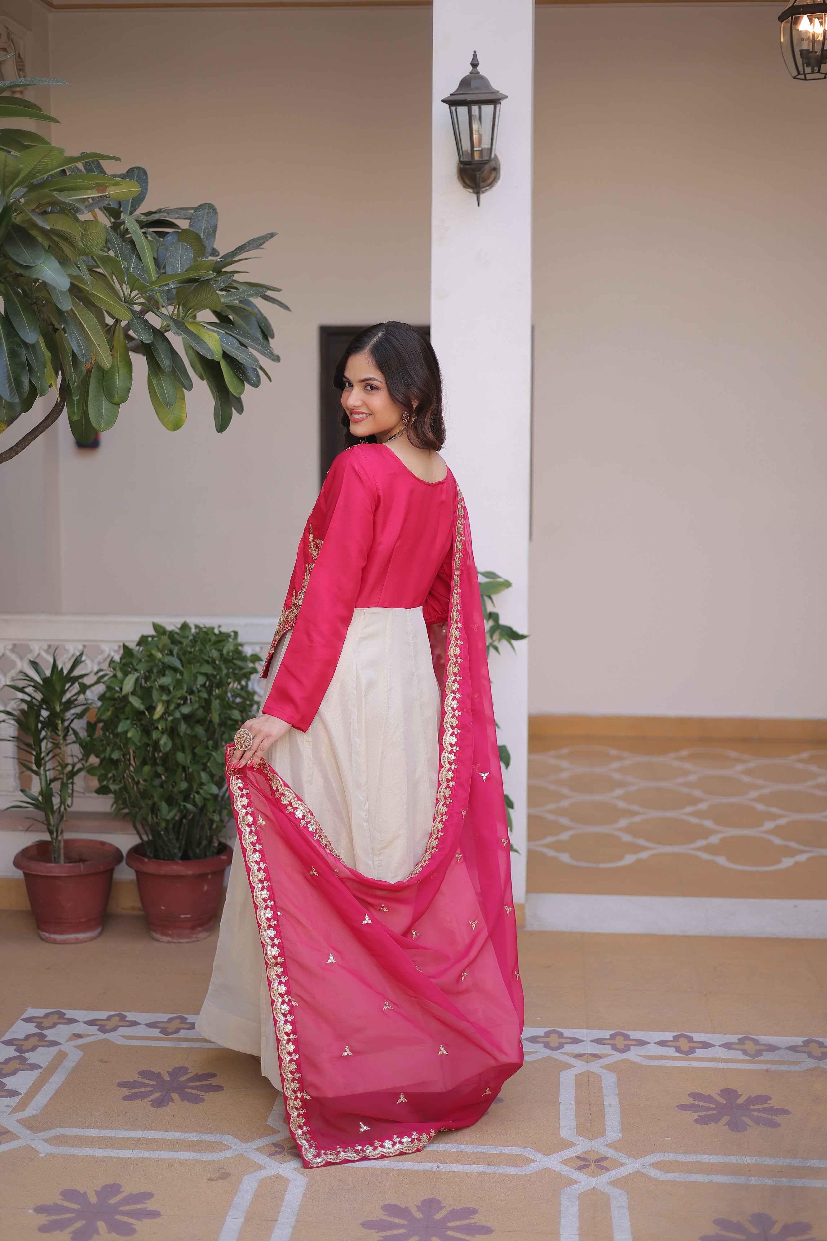 Silk Thread Embroidered Festival Gown With Dupatta