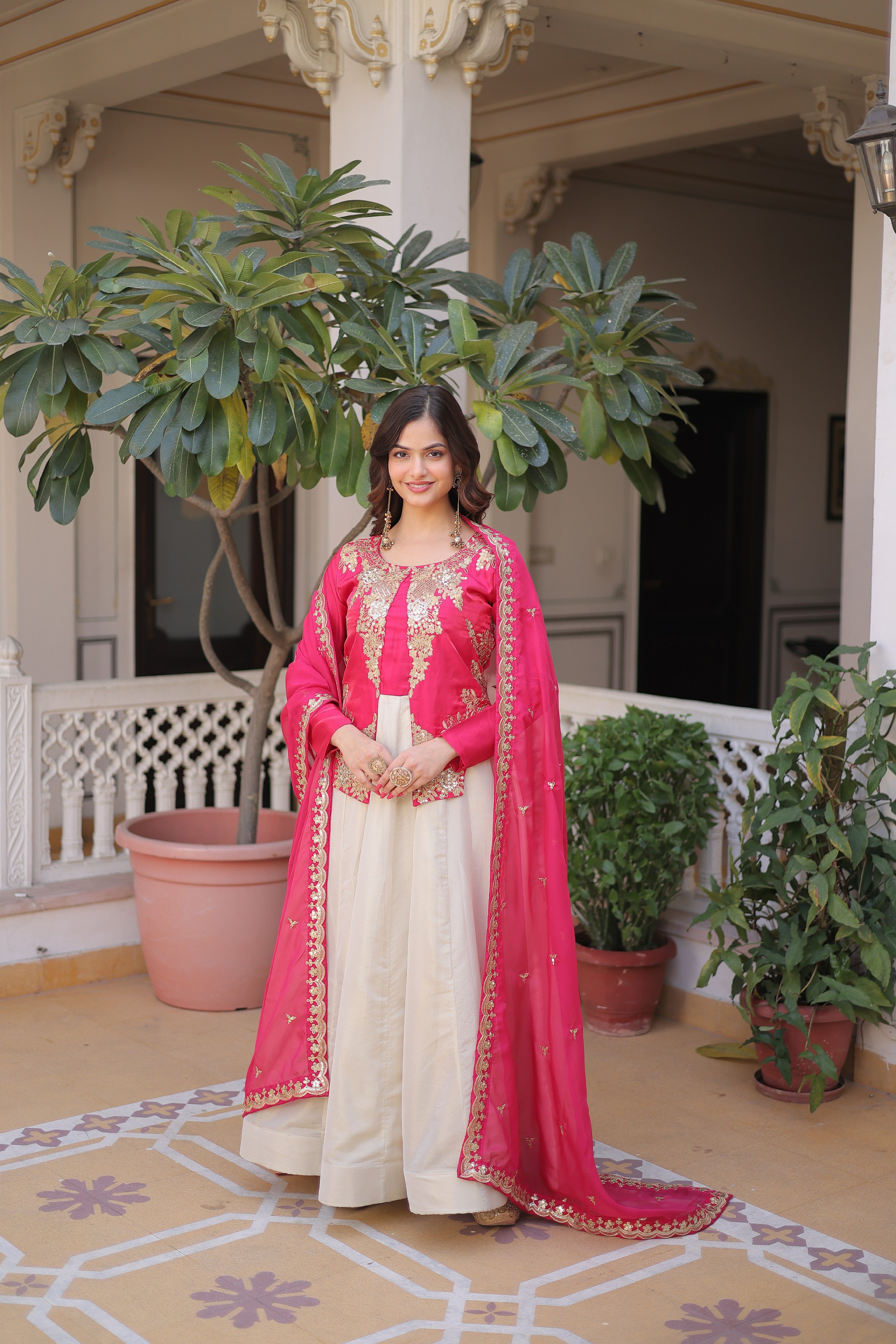 Silk Thread Embroidered Festival Gown With Dupatta