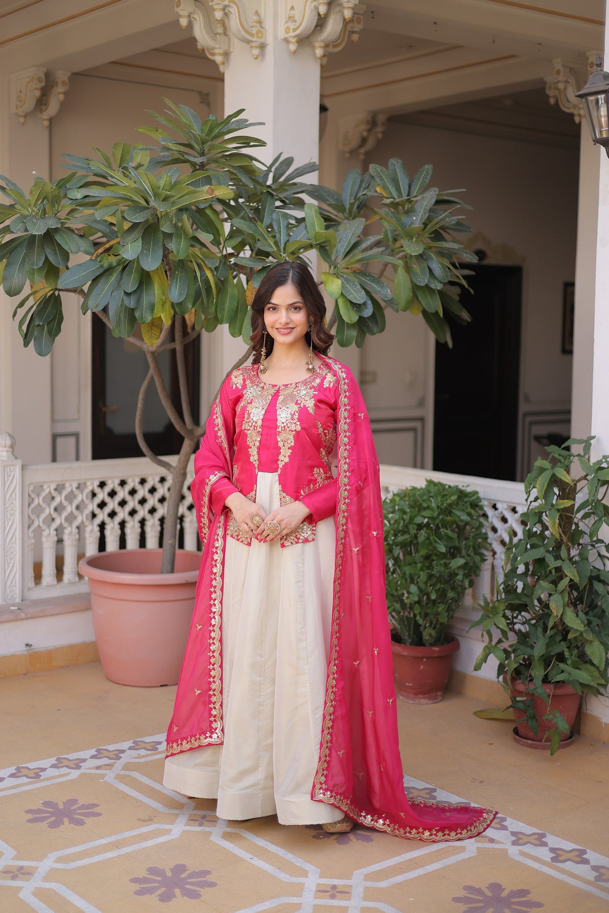 Silk Thread Embroidered Festival Gown With Dupatta
