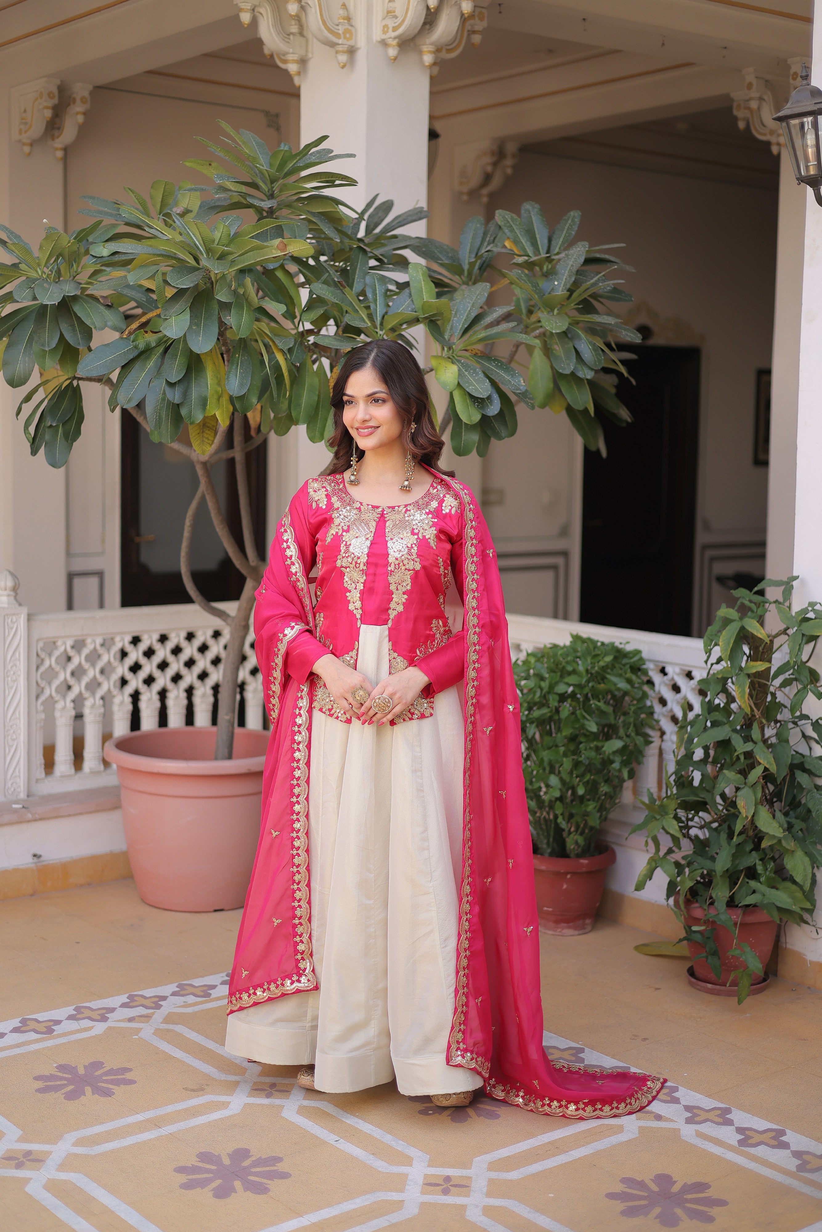 Silk Thread Embroidered Festival Gown With Dupatta