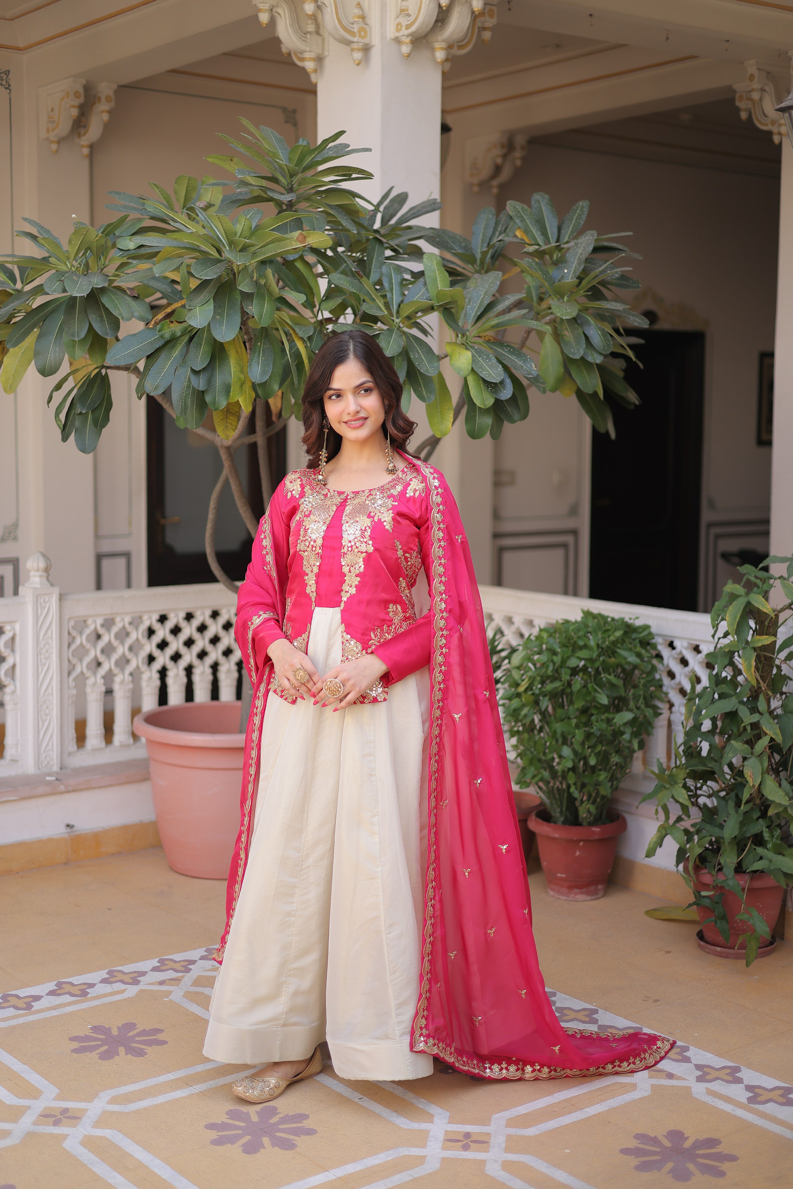 Silk Thread Embroidered Festival Gown With Dupatta