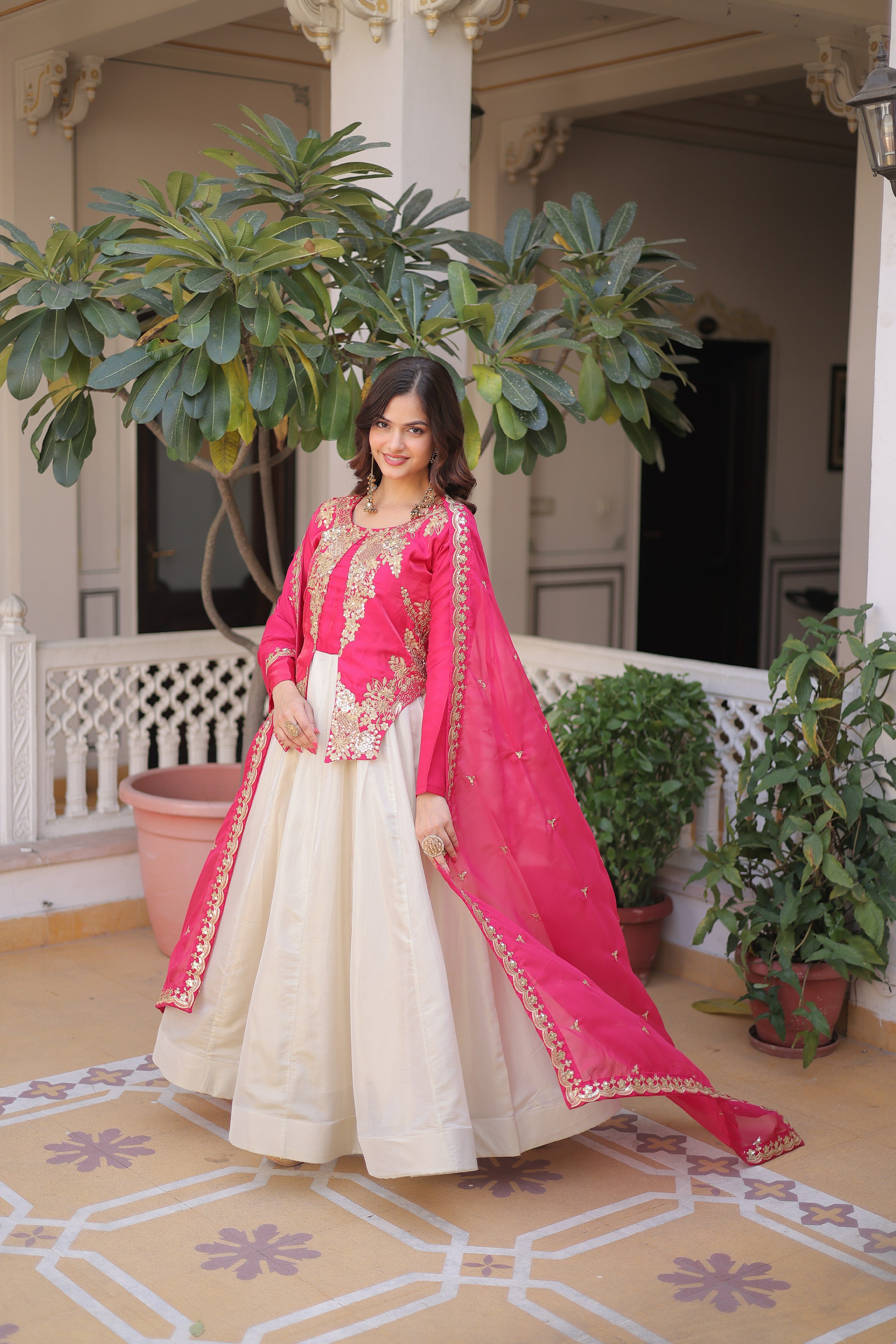 Silk Thread Embroidered Festival Gown With Dupatta