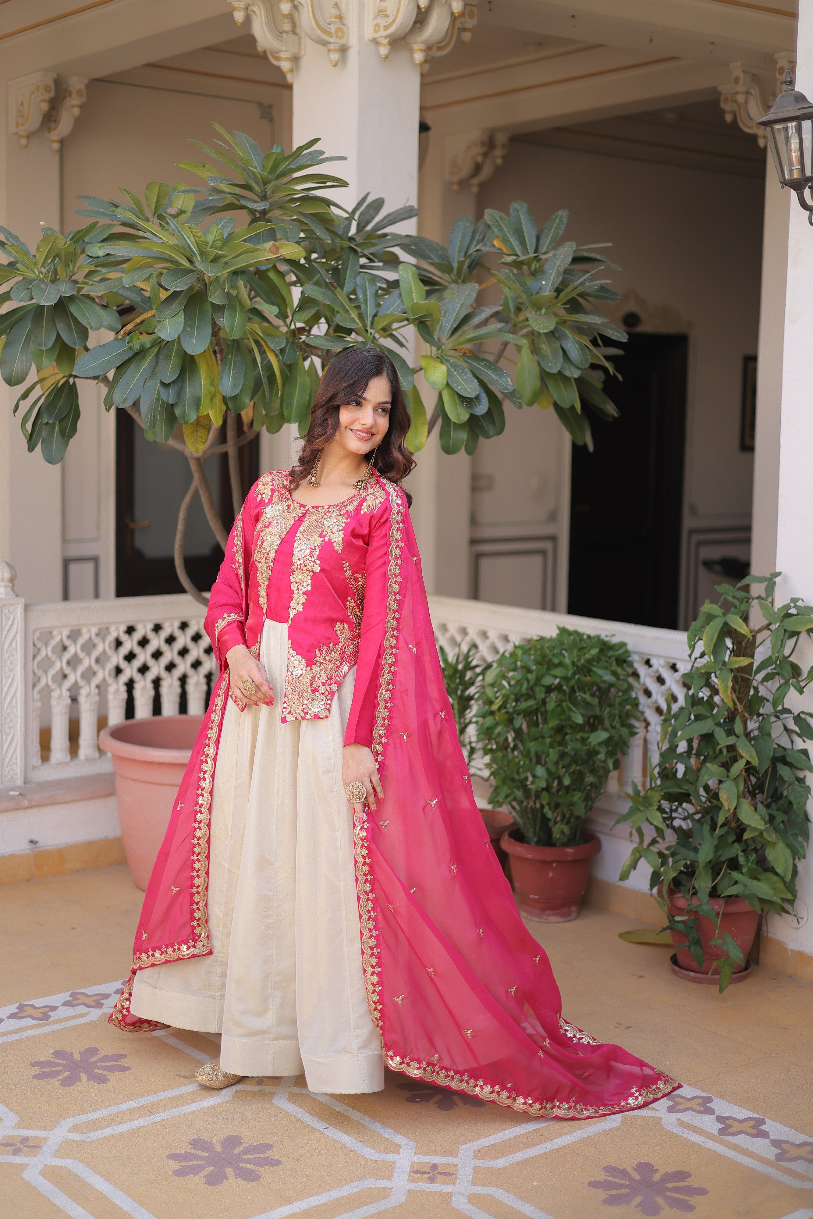 Silk Thread Embroidered Festival Gown With Dupatta