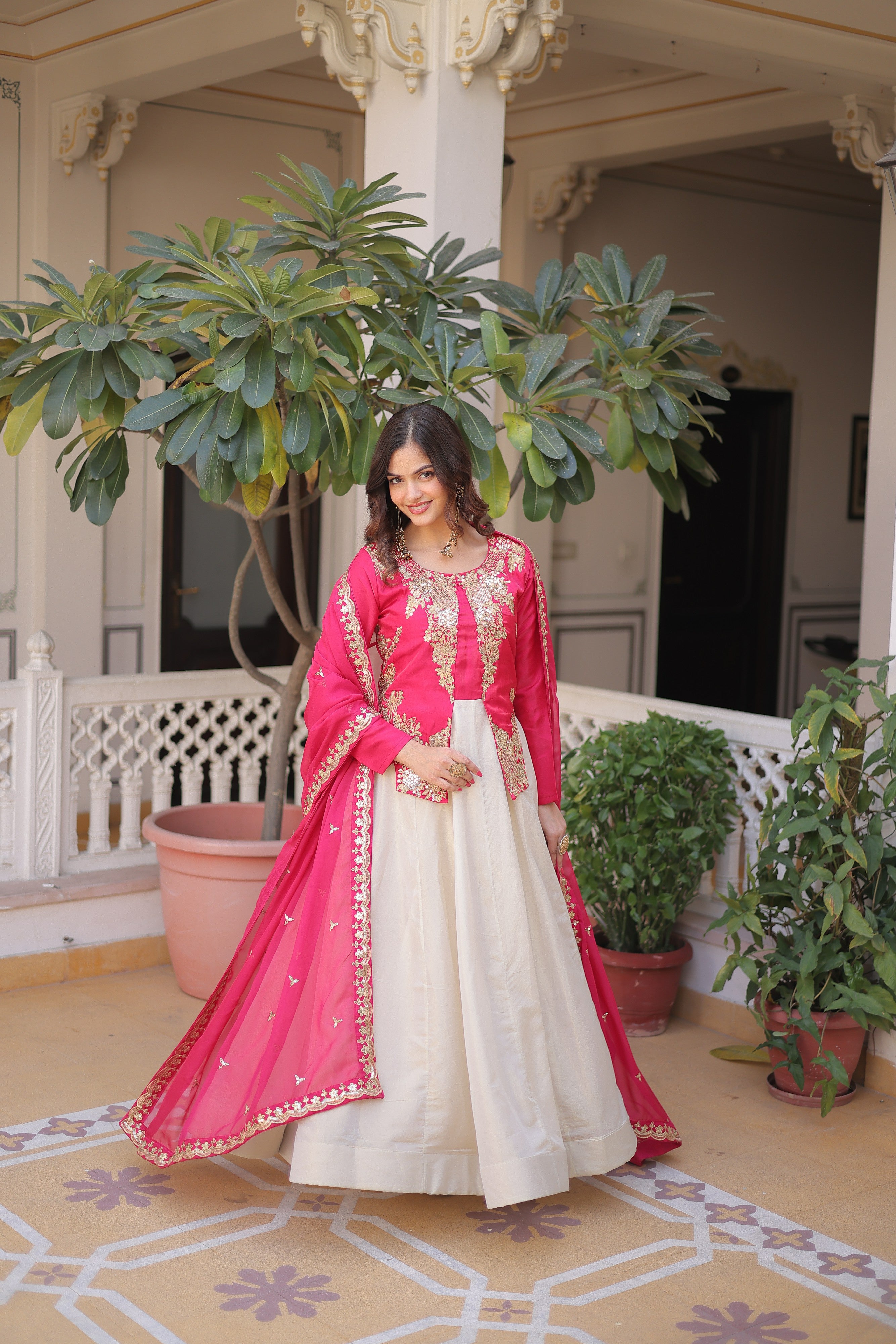 Silk Thread Embroidered Festival Gown With Dupatta