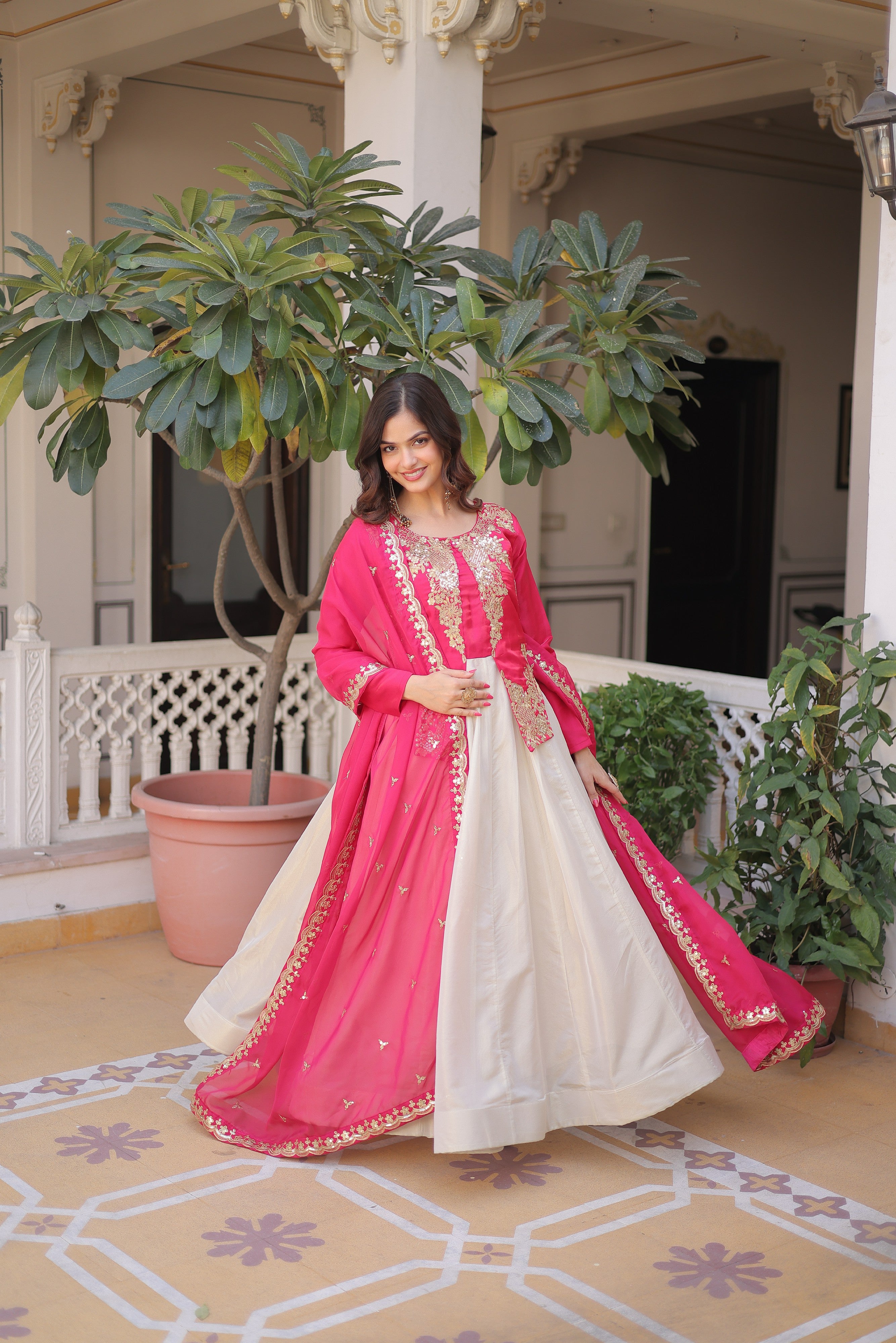 Silk Thread Embroidered Festival Gown With Dupatta