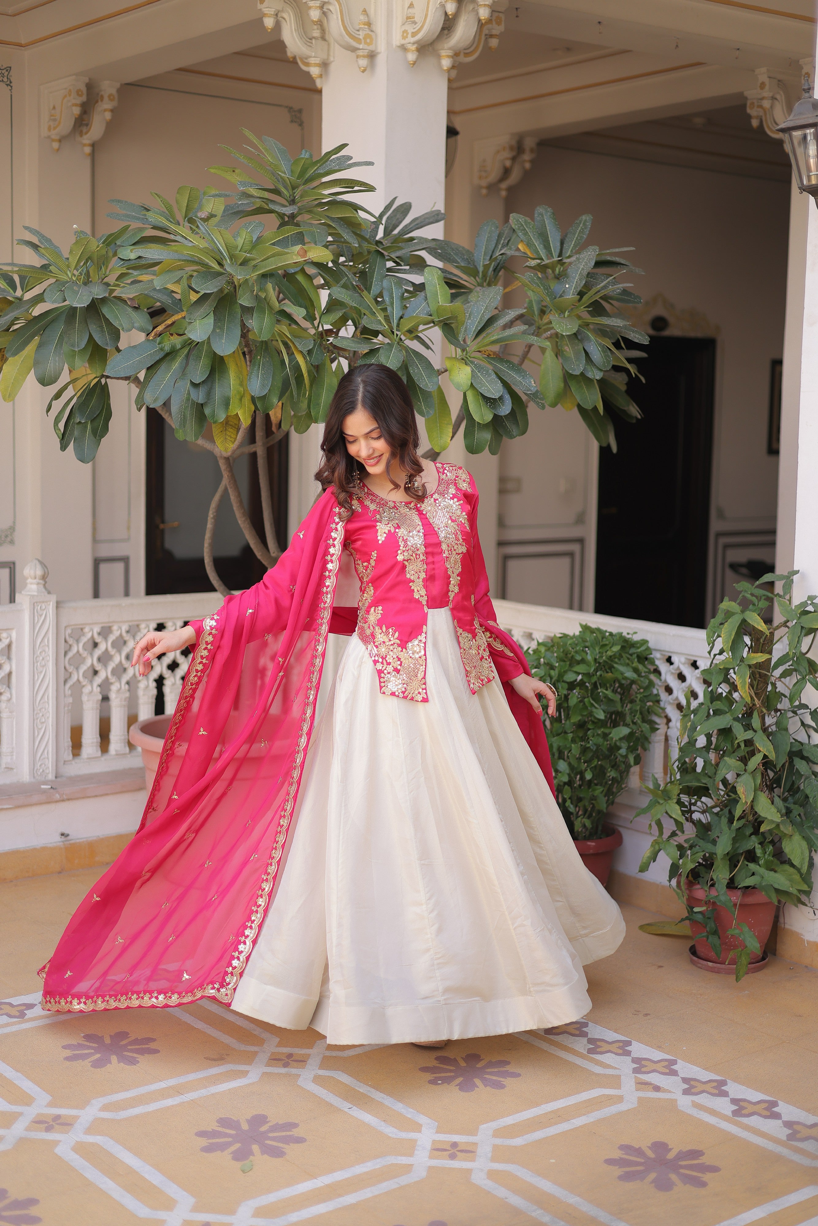 Silk Thread Embroidered Festival Gown With Dupatta