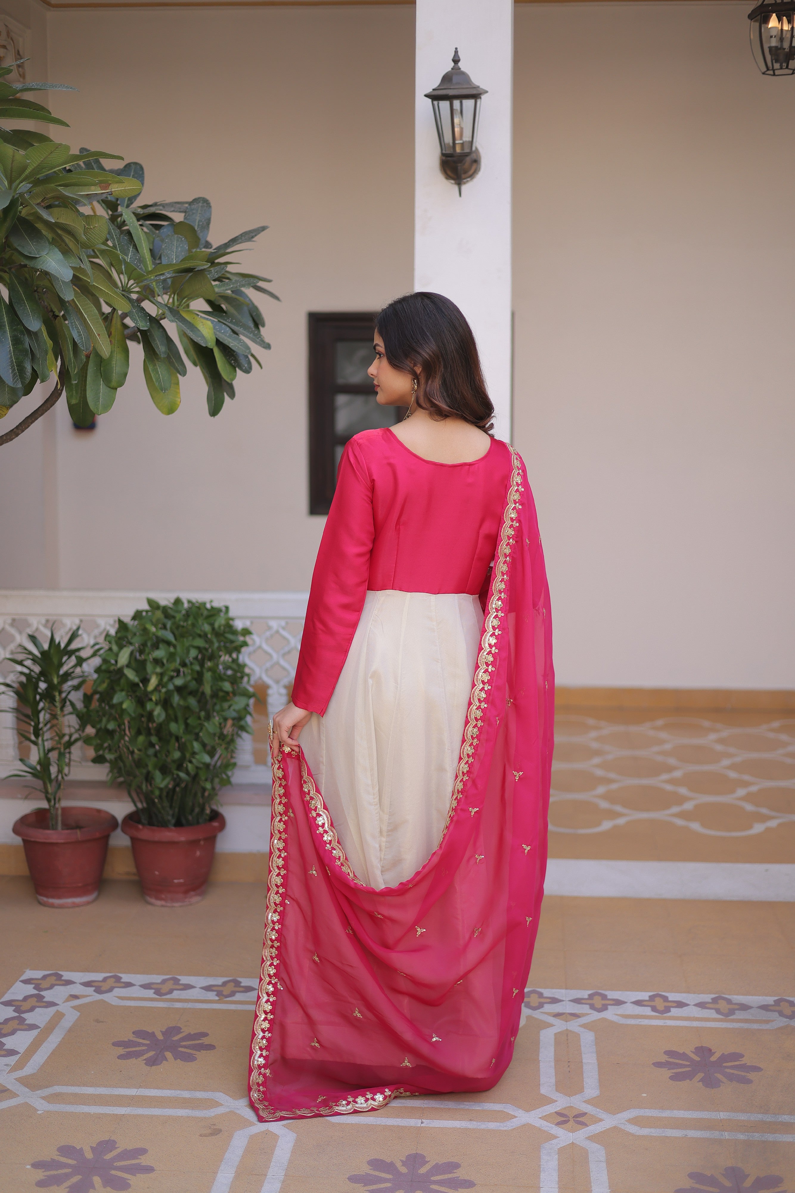 Silk Thread Embroidered Festival Gown With Dupatta